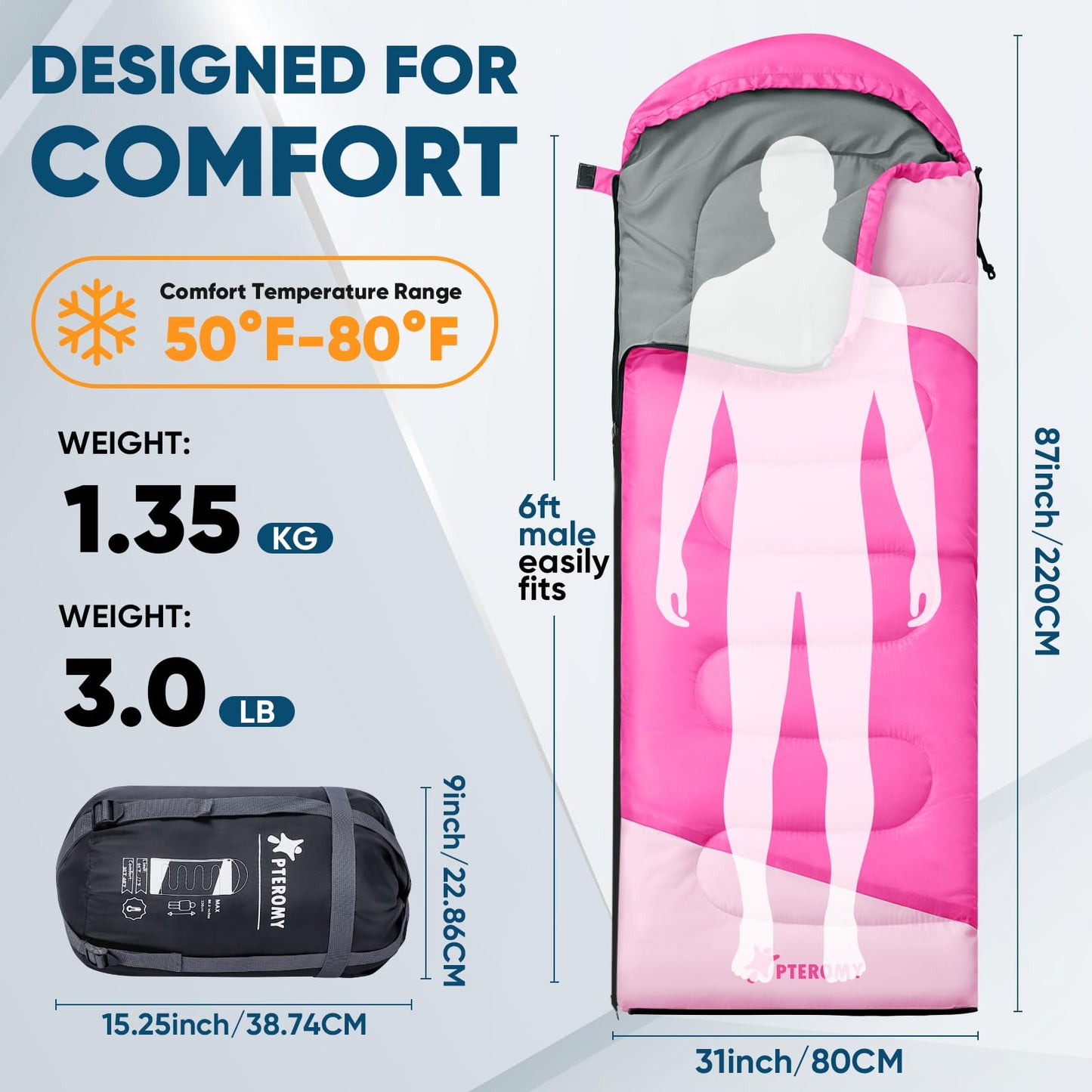 PTEROMY Sleeping Bags for Adults, Lightweight and Machine Washable, Water Resistant Backpacking Camping Sleeping Bag for Warm Cold Weather, Camping Essentials for Hiking Travel (Pink, 1.35kg)