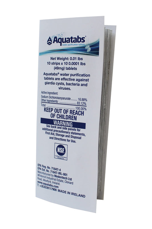 Aquatabs 49mg Water Purification Tablets (100 Pack). Water Filtration System for Hiking, Backpacking, Camping, Emergencies, Survival, and Home-Use. Easy to Use Treatment and Disinfection.
