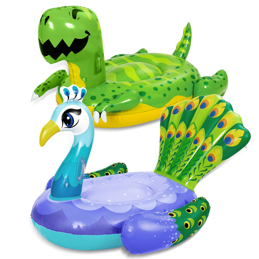 Sloosh 2-Pack Inflatable Dinosaur & Peacock Pool Floats Set, Fun Beach Floaties for Swim Party Decorations Toys, Inflatable Island, Summer Pool Raft Lounge Ride On for Adults Kids