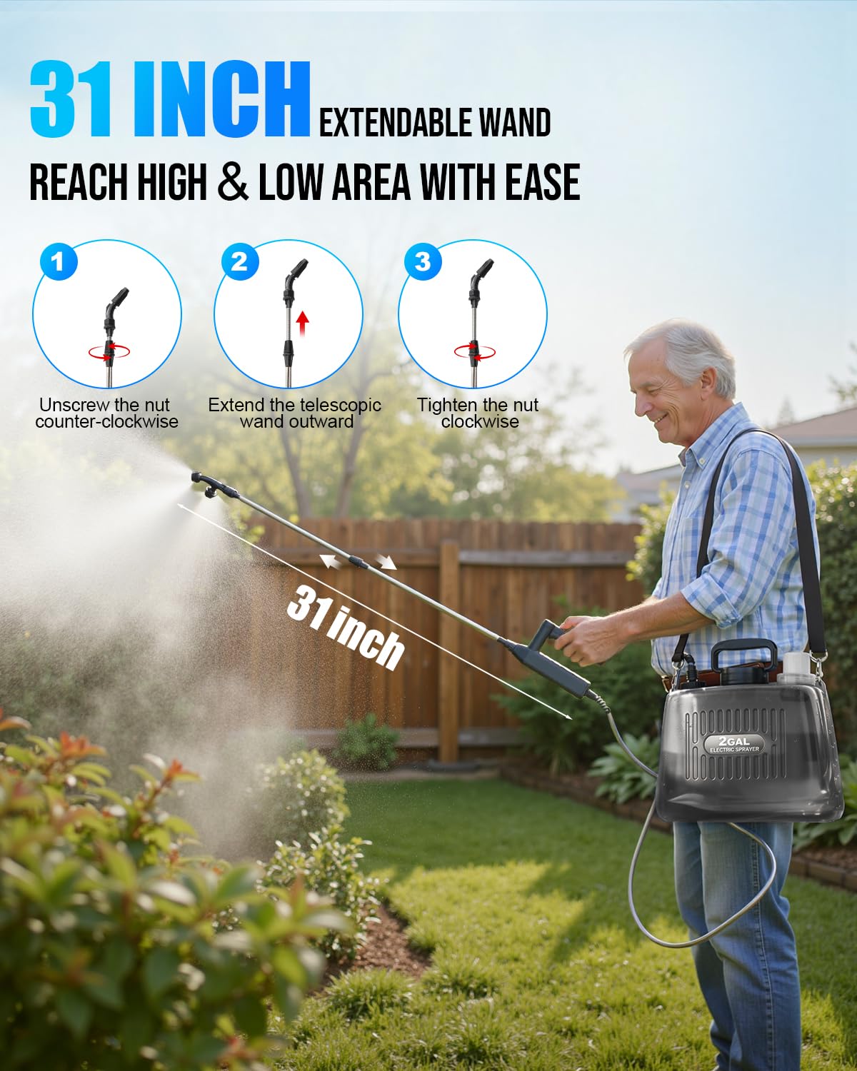Sylsmart Battery Powered Sprayer 2 Gallon, Electric Weed Sprayer with 3 Adjustable Pressure Levels, 4 Nozzles & Extendable Wand, Rechargeable Garden Sprayer for Yard, Lawn, Plants & Fertilizer