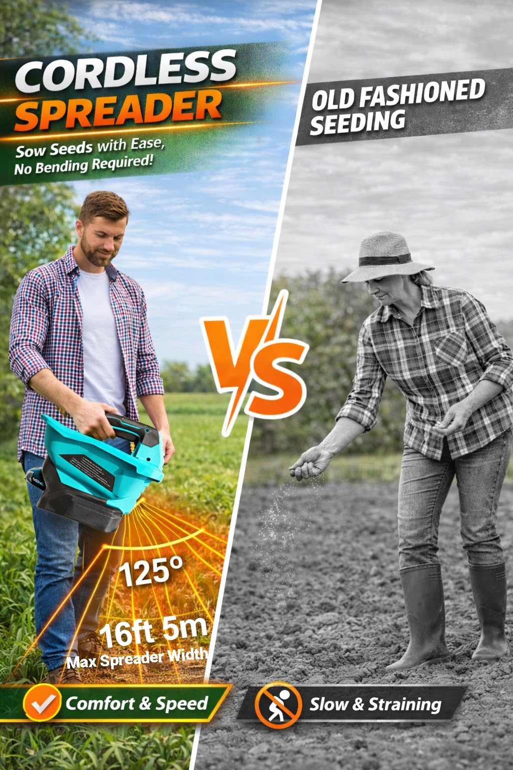 Fertilizer Spreader - 3.5Qt Electric Handheld Grass Seed Spreaders for Lawns with 21V 2x2Ah Batteries, Brushless Motor, 6 Speed & 8 Size Adjustable 125° Spread Angle, 16ft Spread Width, 8600 Sq.ft