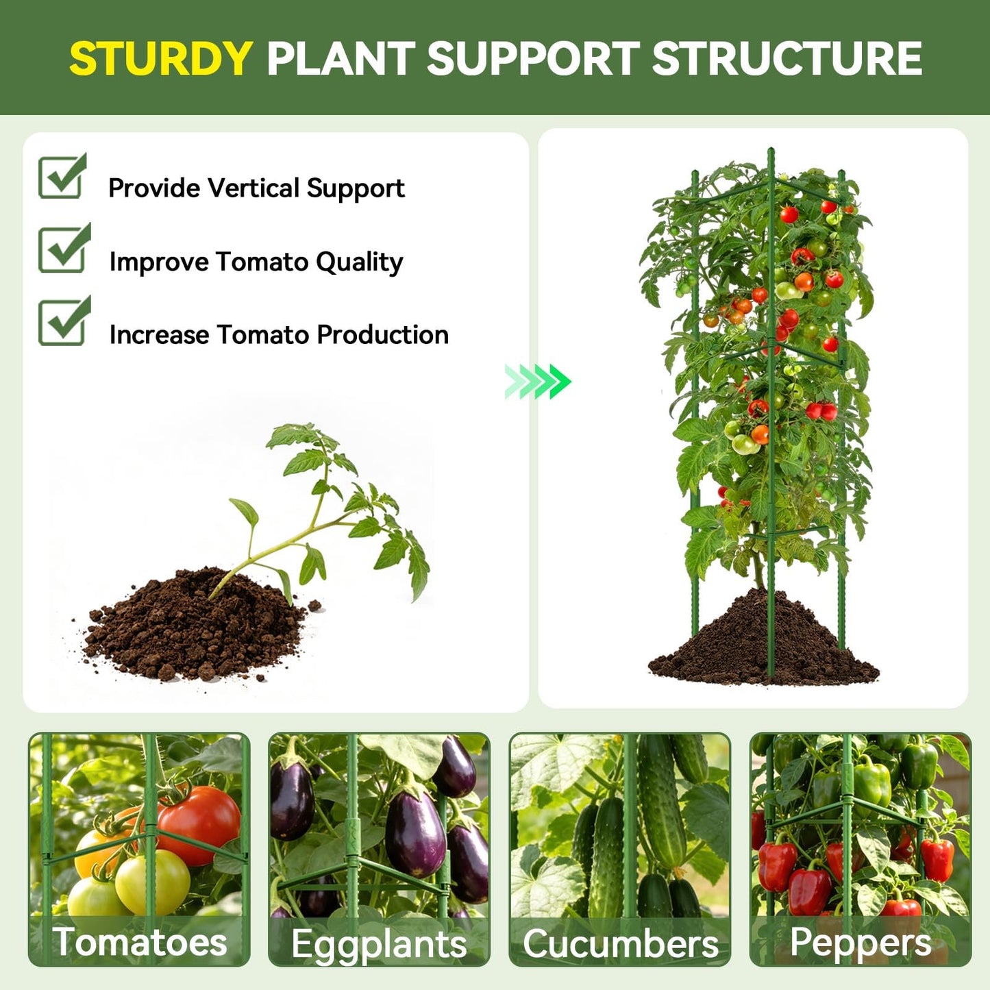 Halatool 63 Inch Tall Tomato Cage 8 Pack, Adjustable Tomato Cages for Garden, Garden Stakes Tomatoe Trellis for Pots, Tomatoes Plant Support for Raised Garden Bed & Vegetables Flowers