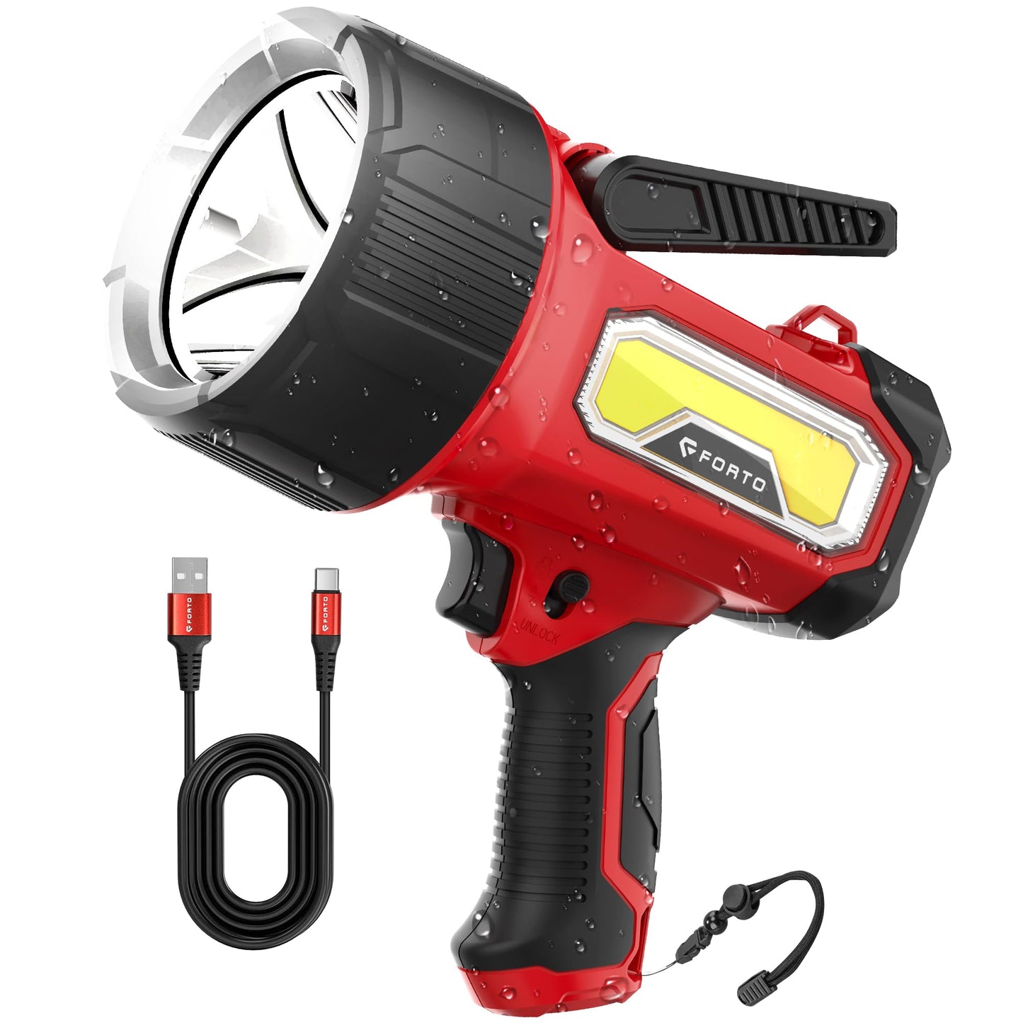 FORTO Rechargeable Spotlight 2000,000 Lumens, IPX7 Waterproof Bright LED Spotlight Flashlight with COB Light& Foldable Stand,6 Light Modes for Boating Camping Hiking Hunting，Red