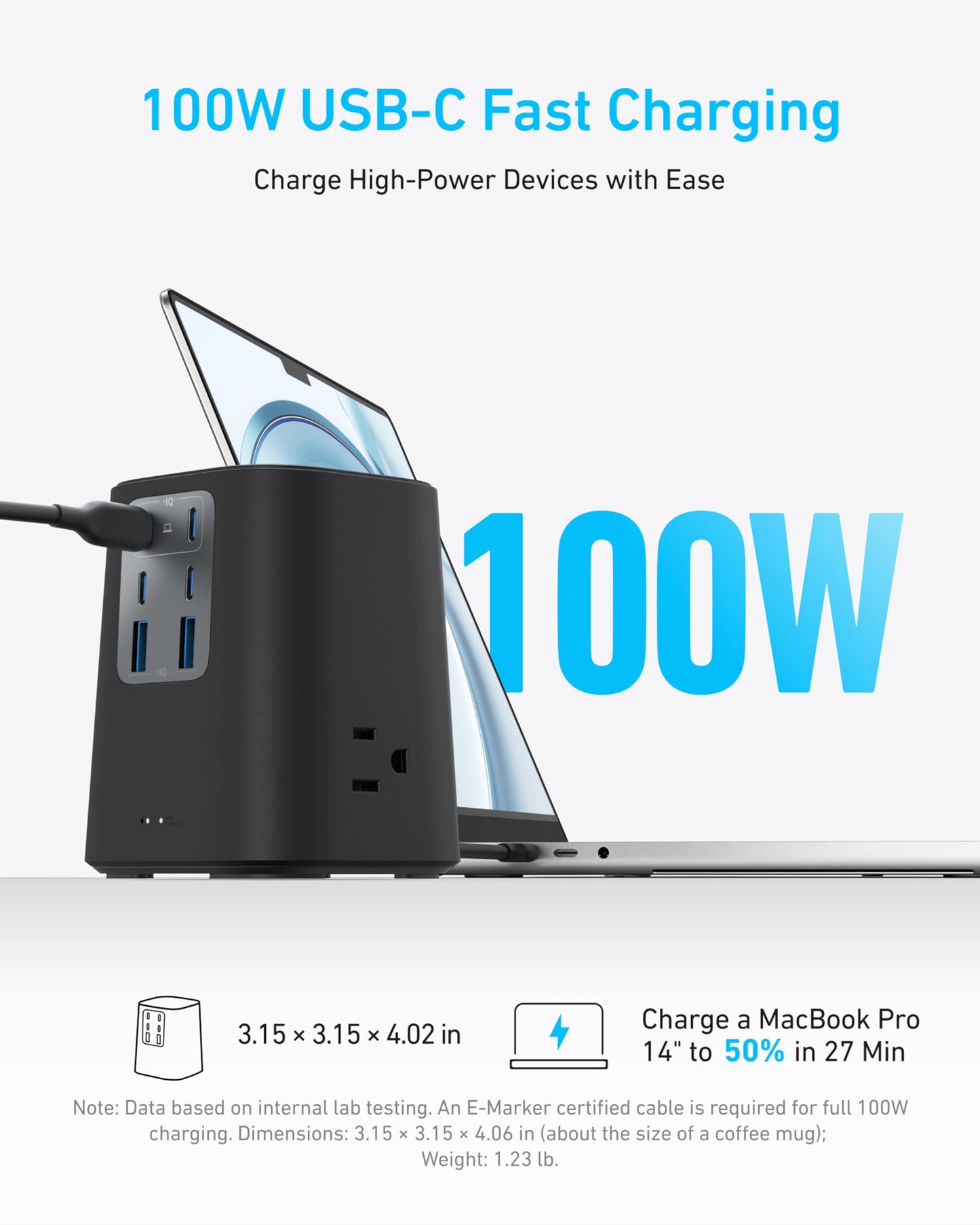 Anker Desktop Charger, 9-in-1 Power Strip with 300J Surge Protector, 5ft Flat Plug Extension Cord with Multiple Devices, 100W USB C Charger with 3 AC, 2 USB A, 4 USB C, Home Office, Desk Accessories
