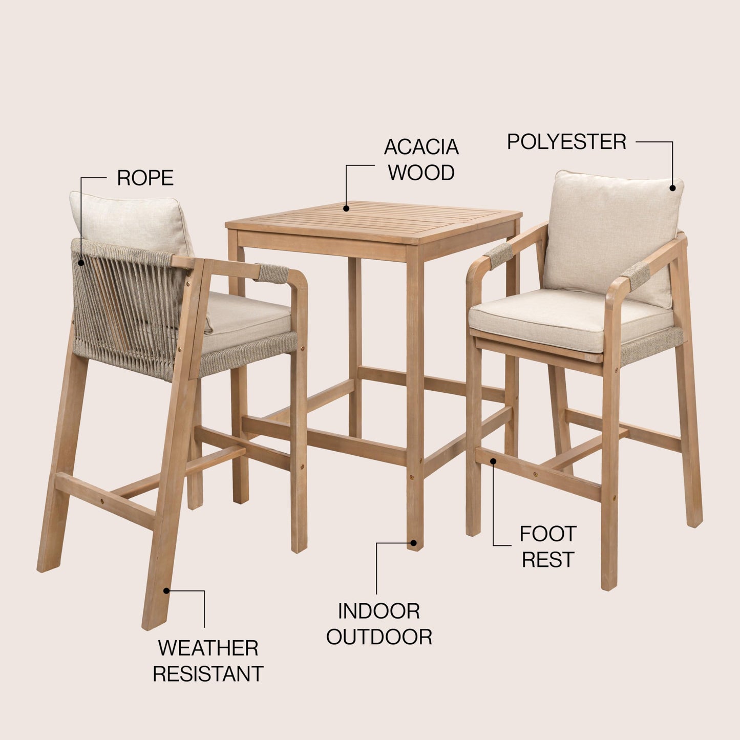 JONATHAN Y DNG2005A-3SET Porto Modern Coastal 3-Piece Acacia Wood Outdoor Square Table Bar Set with Cushions for Patio, Garden, Lawn, Backyard, Pool, Deck, Beige/Light Teak