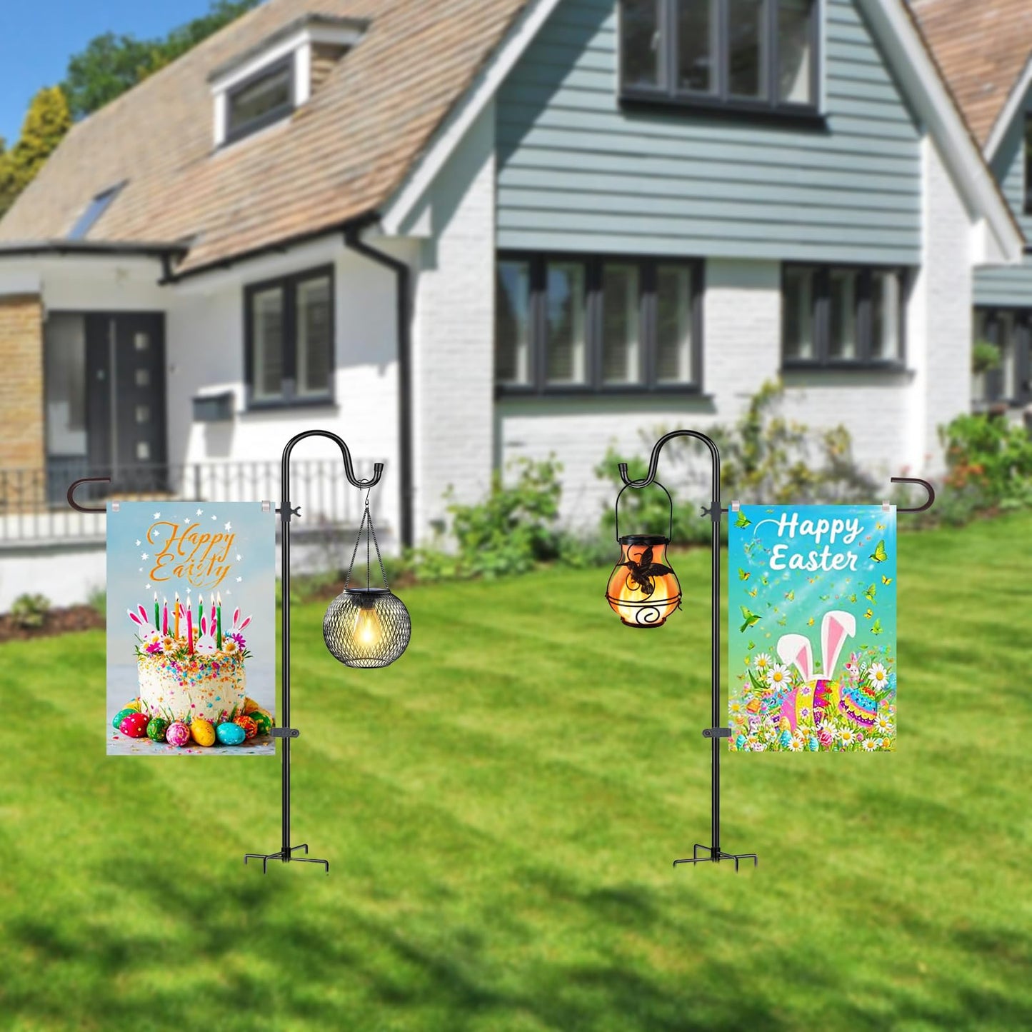 Upgraded 46 Inch Heavy Duty Metal Garden Flag Holder with Shepherd Hook, Yard Stand Fits 12x18 Flags - Solar Lights & Flags Not Included