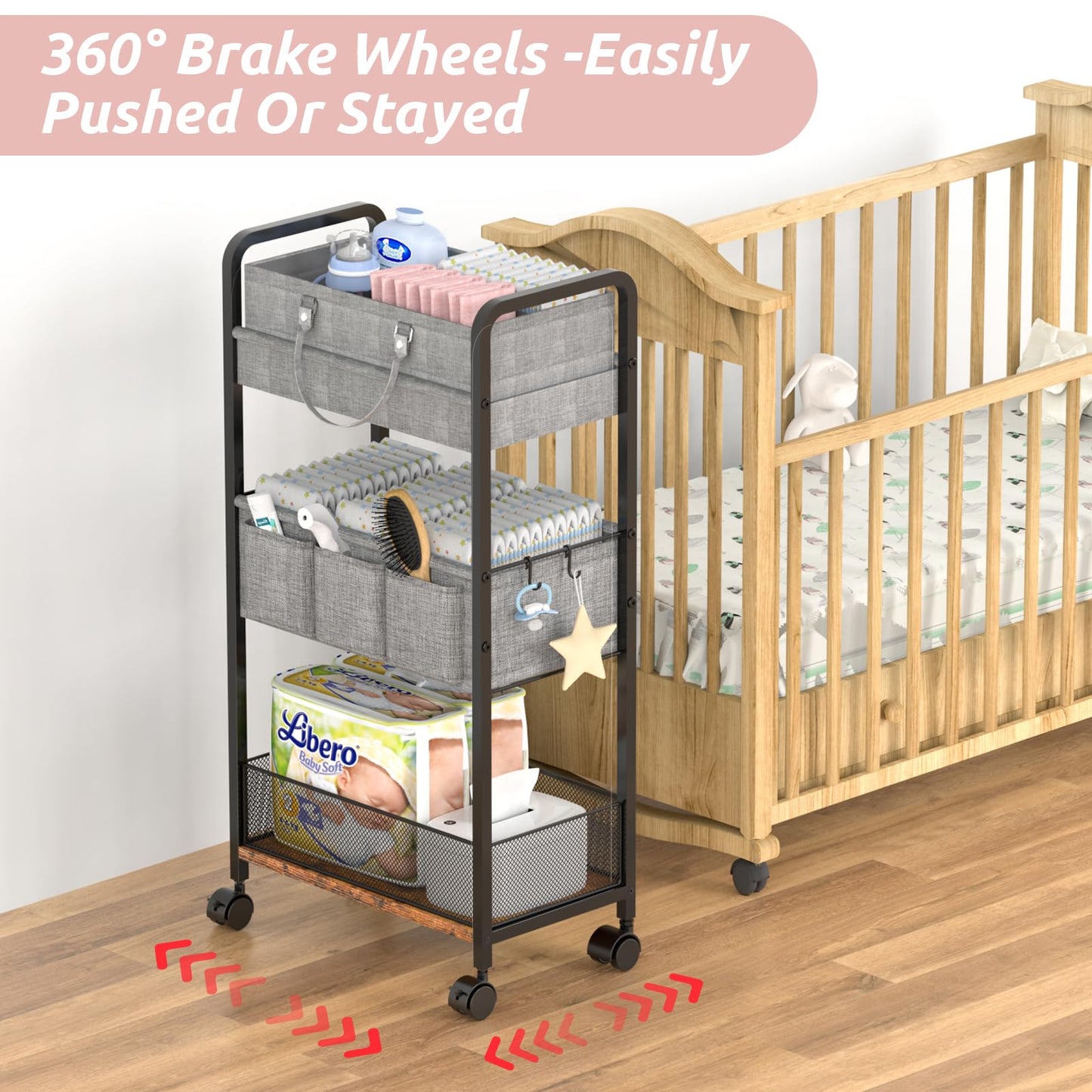 LIDTOP 2In1 Baby Diaper Caddy & 3-Tier Rolling Diaper Cart, Diaper Caddy Organizer Cart with Dividers, Mobile Metal Utility Cart for Nursery Essentials, Detachable Bedside Cart, Large Capacity