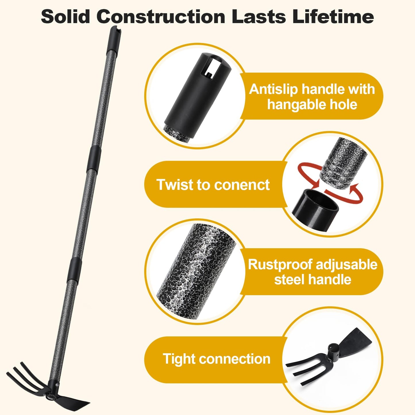 Hoe and Cultivator - 45” Long Handle - Heavy Duty Garden Hoe Tiller, Standing Hoe Garden Tools Durable Cultivator Hoes Hand Rake Fork for Gardening Weeding Planting Loosening Soil