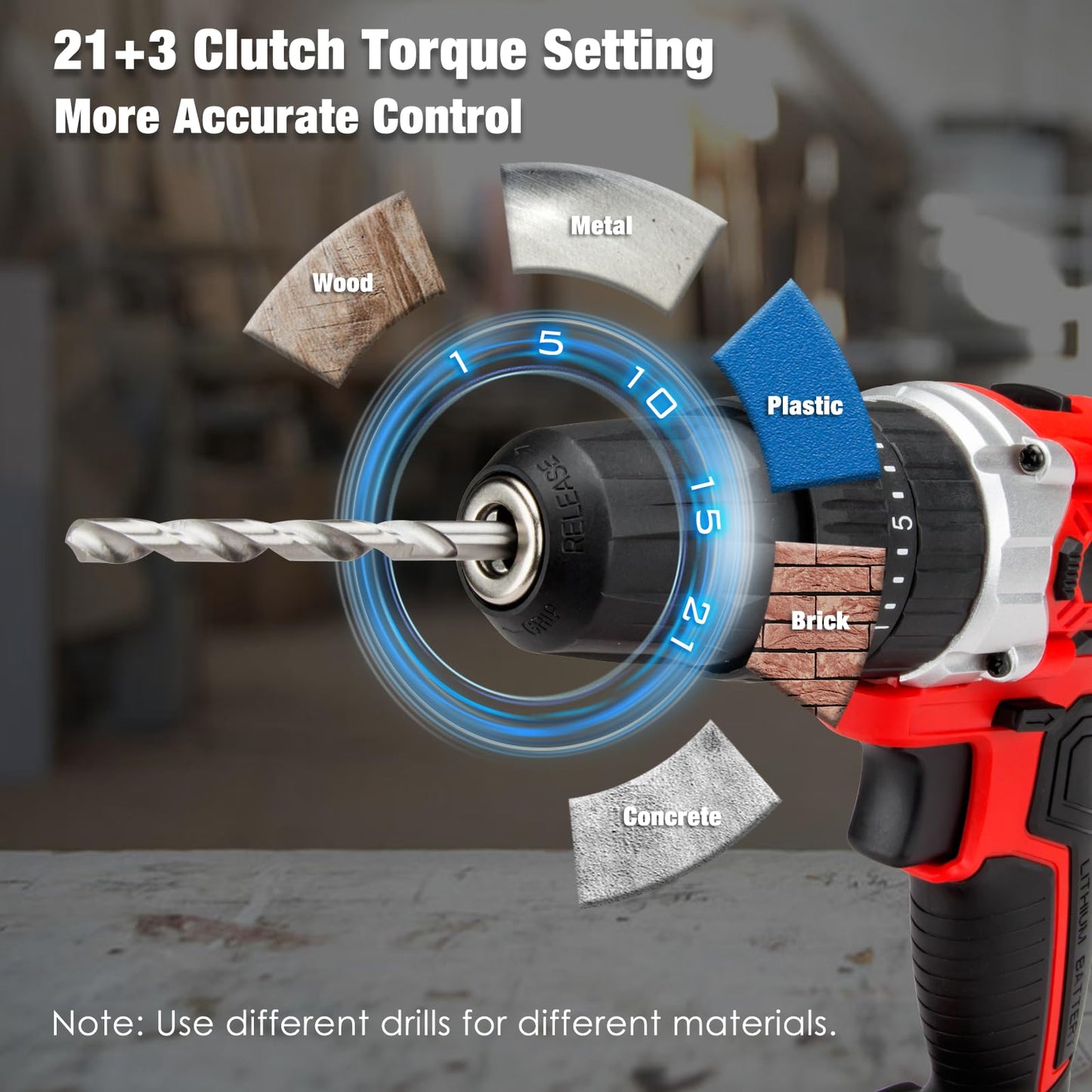 KITLUCK Cordless Drill Set, 20V Power Drill Kit Electric Drills with 2 X 2.0AH Battery, 44pcs Bits, 1 Box Screws, Bubble Level, 3/8'' Chuck Power Drill, 32NM, 21+3 Position, 2 Variable Speed