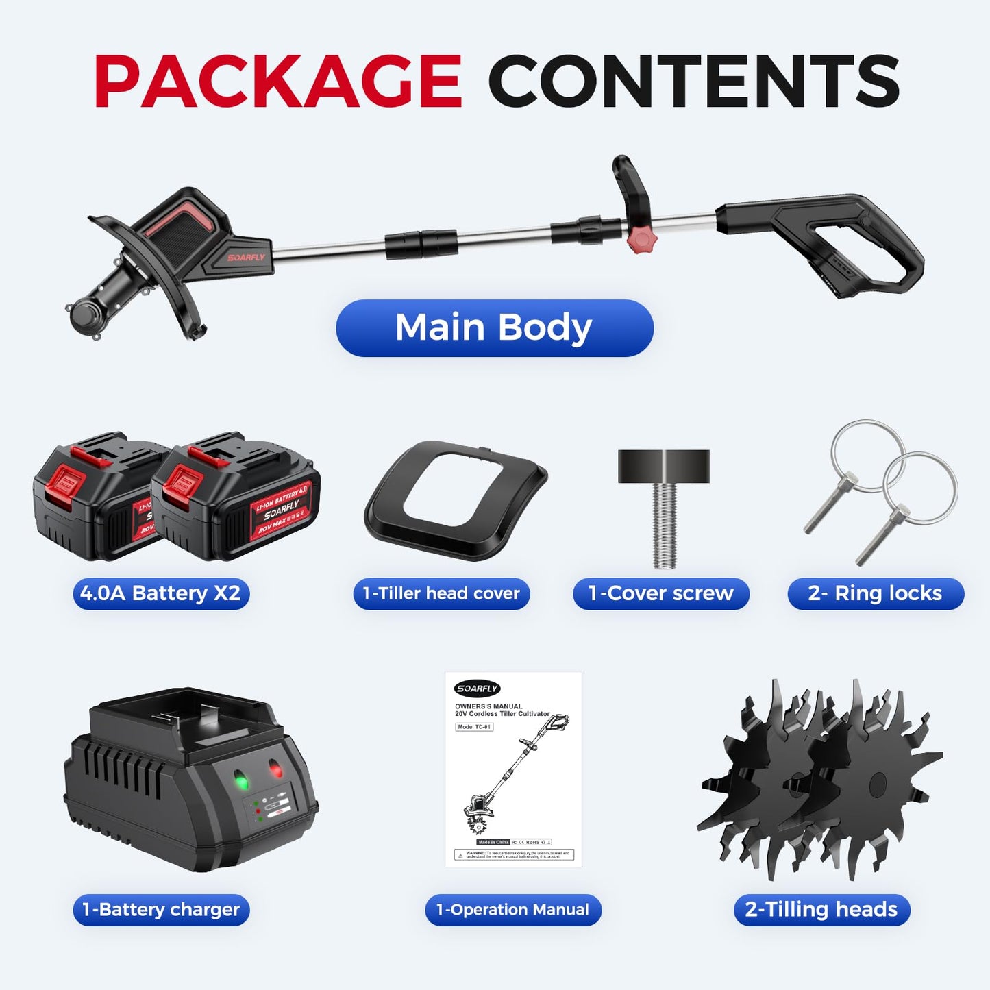 SOARFLY Upgraded Cordless Electric Tiller for Gardening, Total 8.0Ah Battery Powered Mini Cultivator with 2×4.0AH Batteries, 9" Width, 6.6" Depth, 48 Steel Tines Rototiller for Soil Cultivation