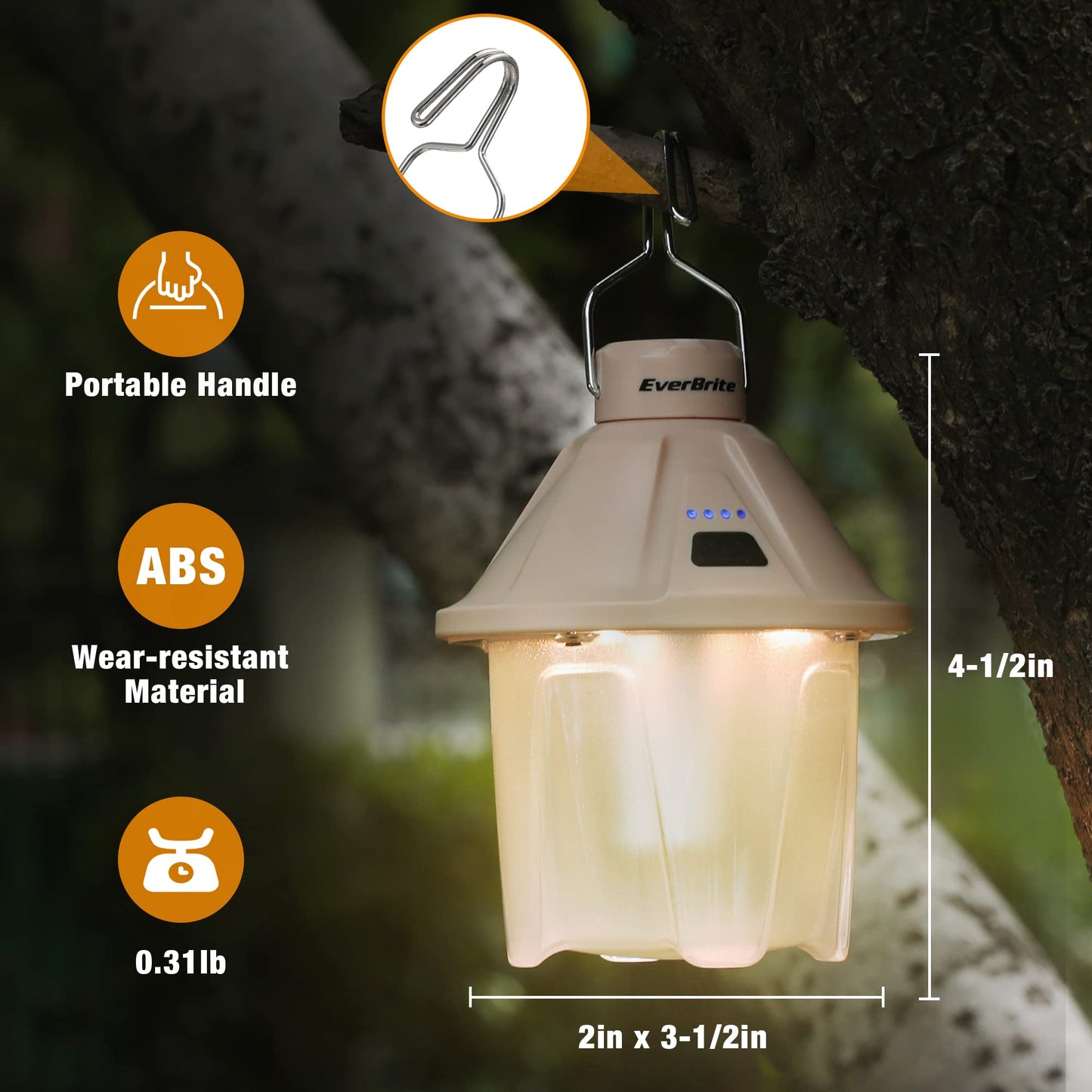 EverBrite 2 Pack Rechargeable Camping Lantern, 450LM LED Camping Light with 5 Modes, Magnetic Base & Hanging Hook, USB-C Fast Charging, Portable Tent Light for Camping, Emergency, Power Outage, Hiking