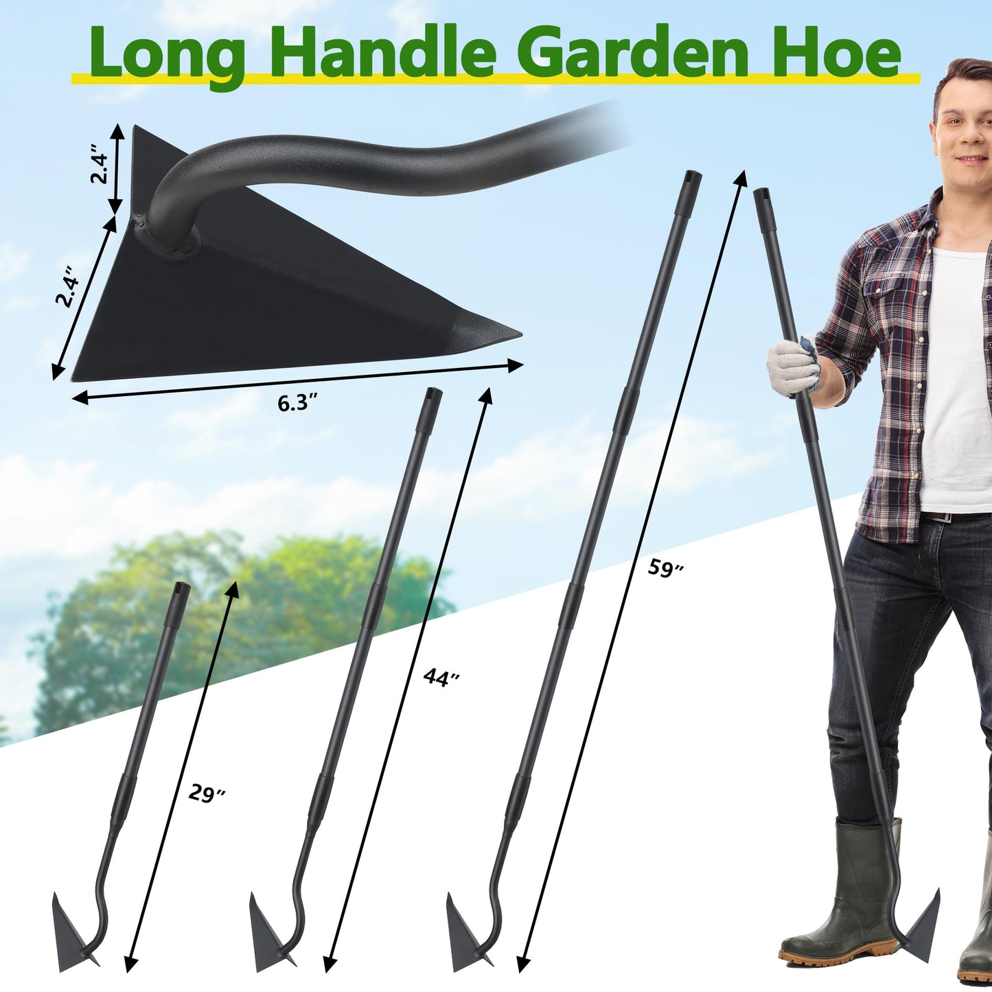 LLARGUEST Hoe Garden Tool, Triangle Garden Hoe for Digging Cutting Trenches Loosen Soil Heavy Duty Hand Weed Hoe Long Handle 59 Inch