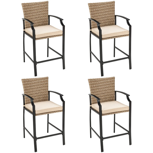 Tangkula Patio Rattan Bar Stools Set of 4, Outdoor Wicker Bar Height Chairs W/Soft Cushions, High Backrest & Curved Armrest, Convenient Footrest, Ideal for Garden, Poolside, Balcony