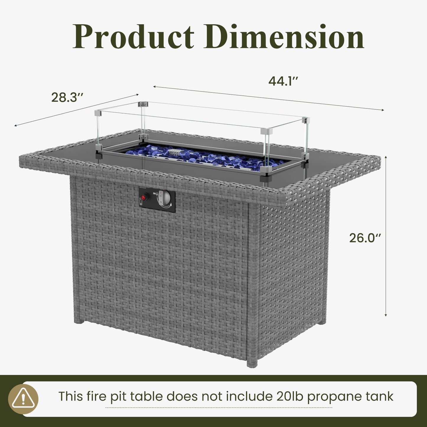 Propane Fire Pit Table, 44" Outdoor Gas Fire Pit with Glass Wind Guard & Waterproof Cover