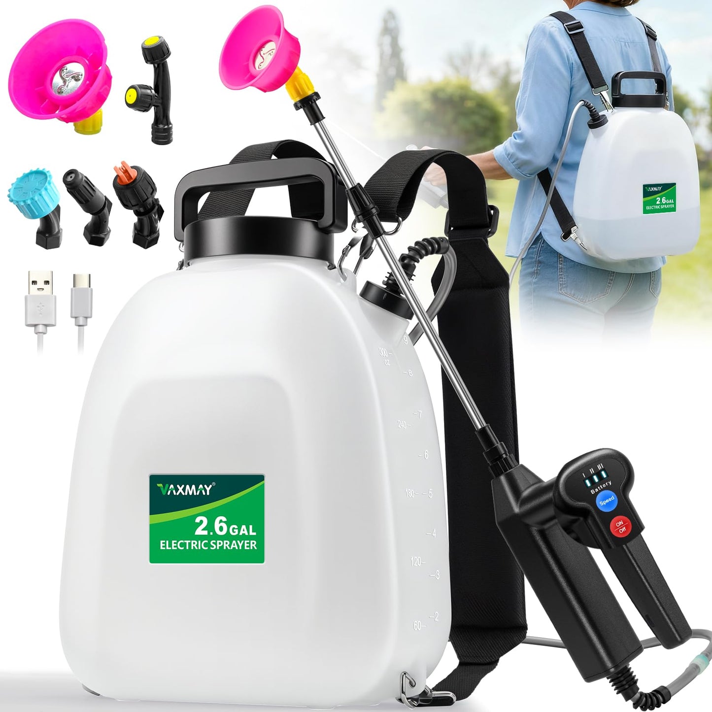 VAXMAY Battery Powered Sprayer 2.6 Gallon, Backpack Sprayer with 3 Adjustable Forces, Battery Indicator, 5 Mist Nozzles, 41" Retractable Wand, USB Rechargeable Garden Sprayer for Weed Lawn Yard