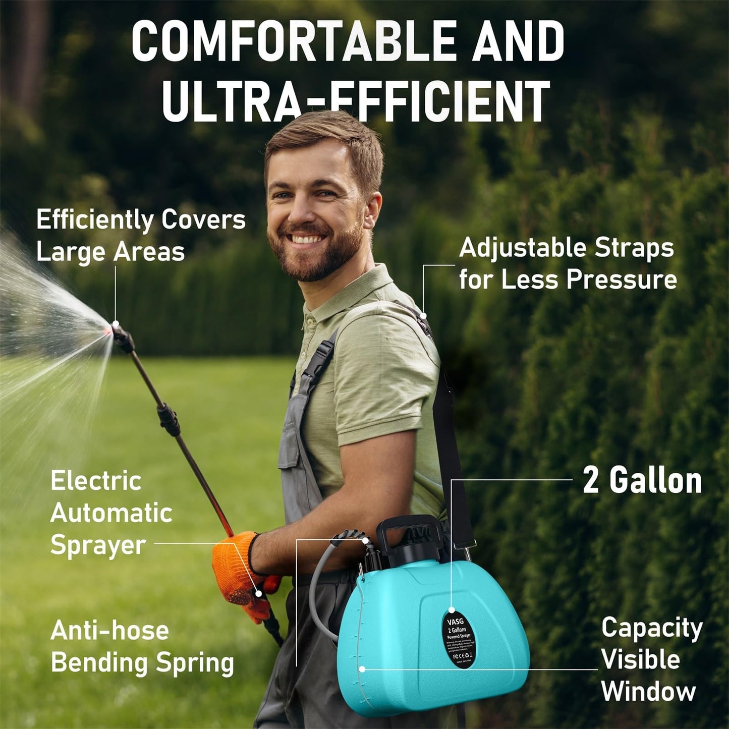 VASG 2 Gallon Battery Powered Garden Sprayer, Powerful Electric Pump Sprayer, Weed Sprayer with USB Rechargeable Handle, 5 Mist Nozzles, Retractable Wand, Adjustable Strap for Lawn, Garden, Yard