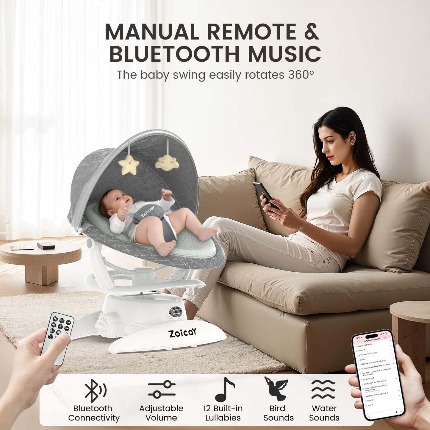 3-in-1 Baby Swing for Infants, Infant Swing with 5 Speeds & 3 Swing Modes, 12 Lullabies, Electric Swing for Baby, Indoor & Outdoor Use, Up to 25 lbs, Gray