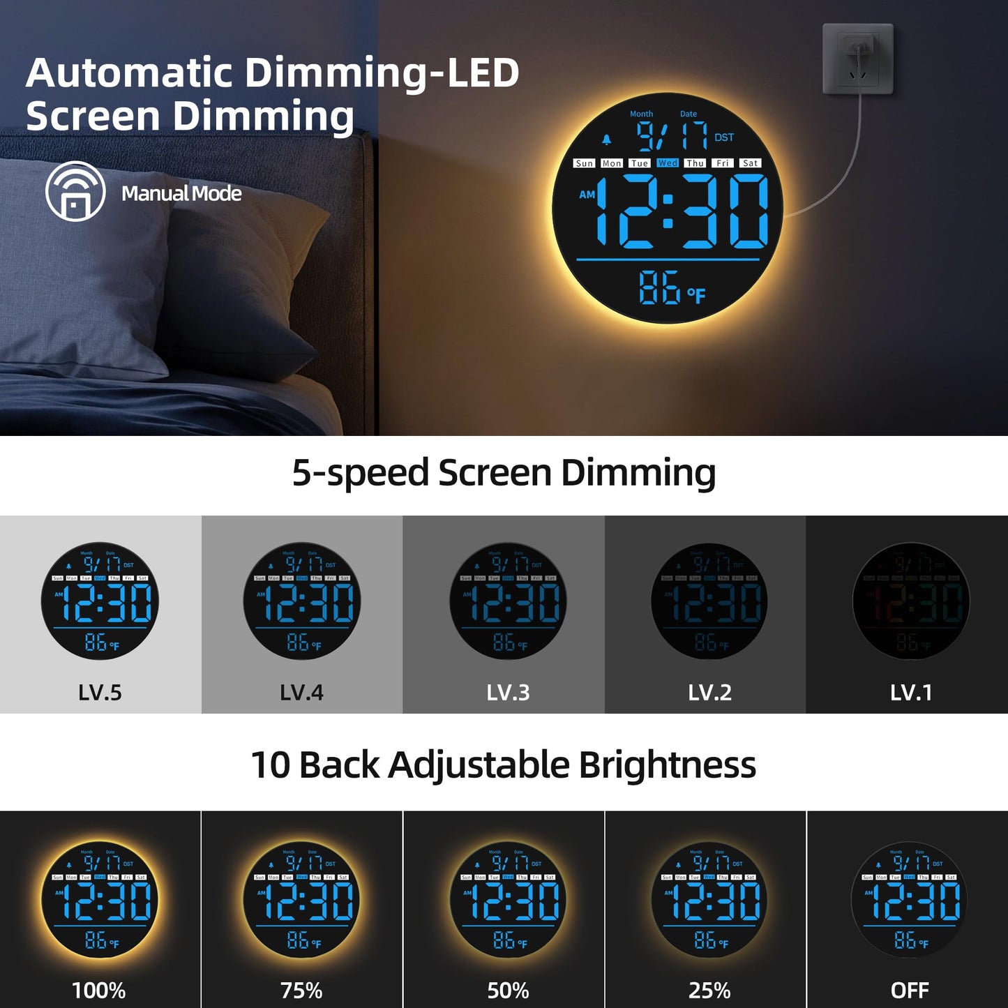 HAITANG Digital Wall Clock, 8'' Round Digital Clock with Large Display, 11RGB Colors,Remote Control, Auto-Brightness,Temperature,DST,Night Light, Alarm, Count Down Timer for Classroom/Bedroom/Office
