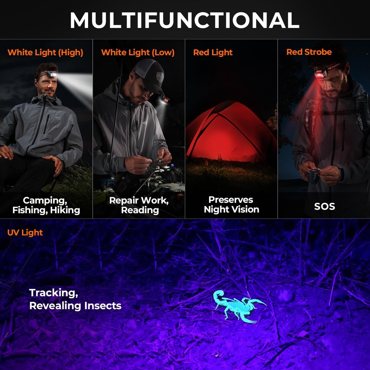 KastKing FieldLite Camping Gear Set, 5-Mode LED Headlamp, 7" Razor-Sharp Knife with Sheath & Fire Starter, 5-in-1 Tactical Bracelet, Multi-Function Outdoor Kit