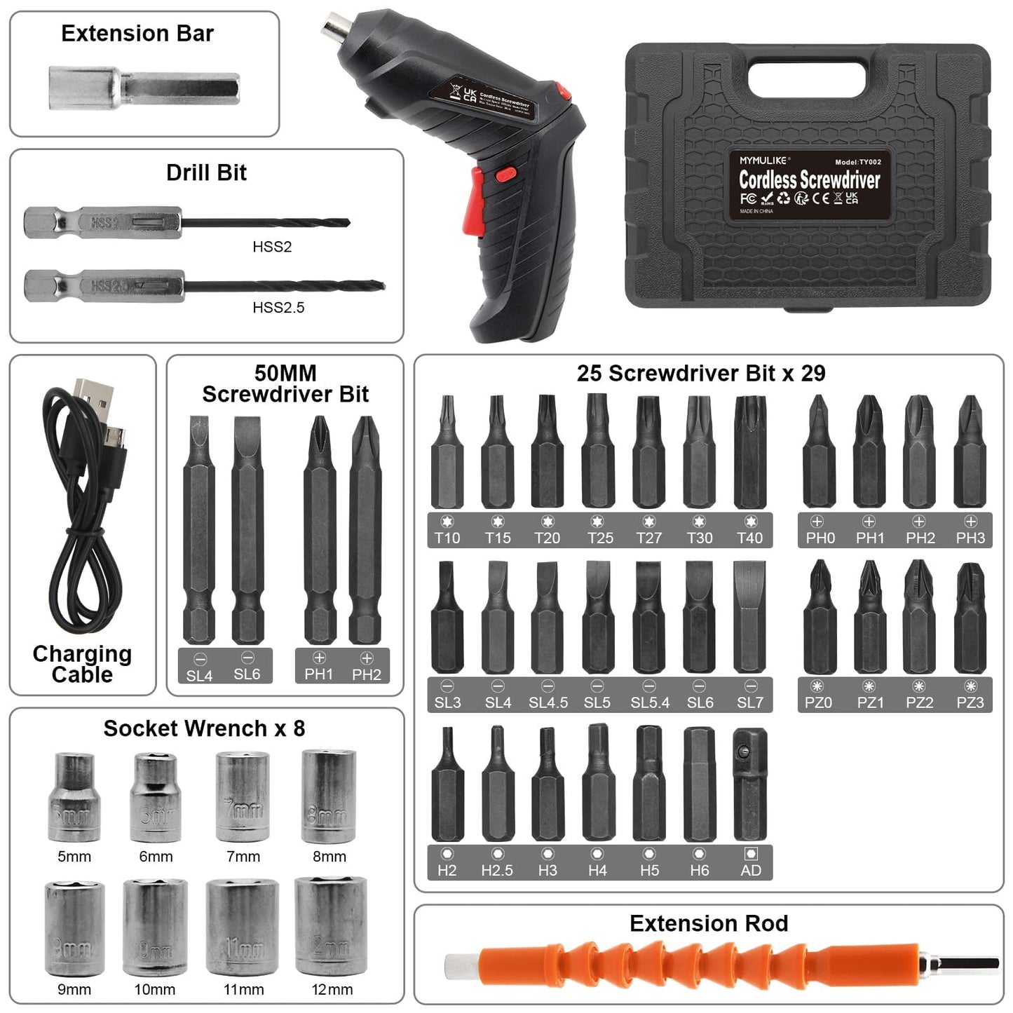 MYMULIKE Cordless Electric Screwdriver, 3.6V Rechargeable Power Screwdriver with 47pcs Accessories, usb Charging, 3Nm Screw Gun, Mini Screwdriver set with LED Light Electric Power Drill Set