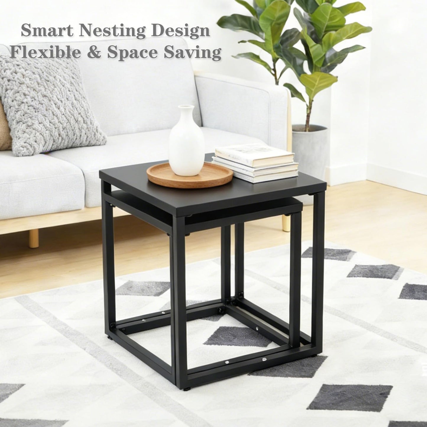 Meluvici Patio Outdoor Coffee Table Set of 2, Weather Resistant Steel Square End Tables, Outdoor Nesting Tables for Patio, Balcony, Bistro and Indoor, Black (Black)