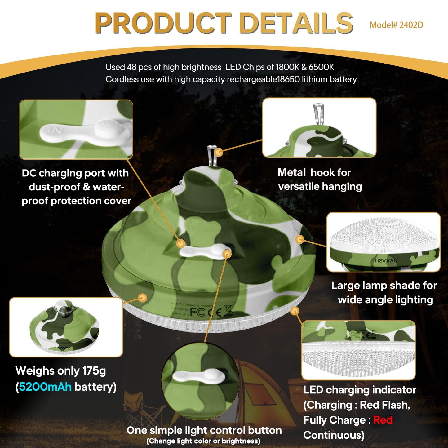Lisaavo Camping Light, Rechargeable 5200mAh Car Tent Lights and Lanterns, with Hanging Hook