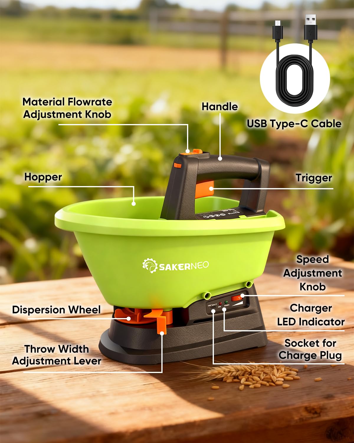 SAKERNEO Handheld Lawn Spreader - 7.2V Battery Powered Seed & 135° Fertilizer Spreader, 3L Large Capacity for 6400 Sq.Ft, 7 Settings & 5 Angles, Rechargeable Grass Seeder for Even Lawn Care