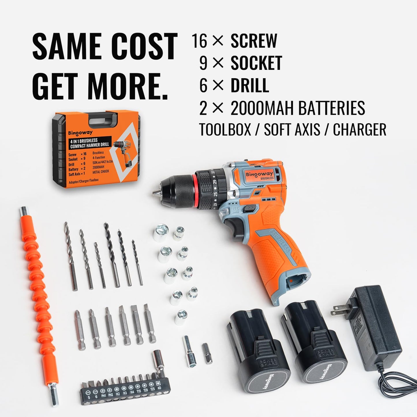 50N.m Brushless Cordless Drill, 16V 4-Function Electric Drill with 36 pcs Accessories, Keyless Metal Chuck, 35 Torque Adjustment, 2pcs Batteries, 2 Speed, Screwdriver, Wrench, Impact Gun For Housework