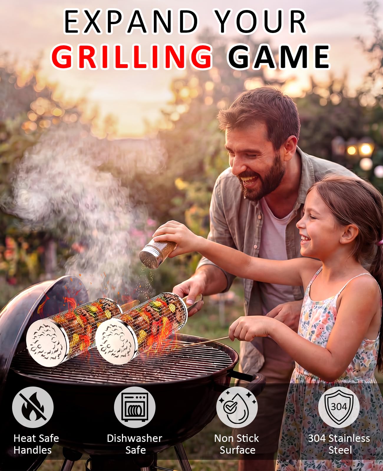 Rolling Grill Basket, Removable Wooden Handle, 304 Stainless Steel, Nesting BBQ Tools for Vegetable, Outdoor Smoker Camping Accessories, Father's Day Gifts Birthday Gift for Men Dad Husband