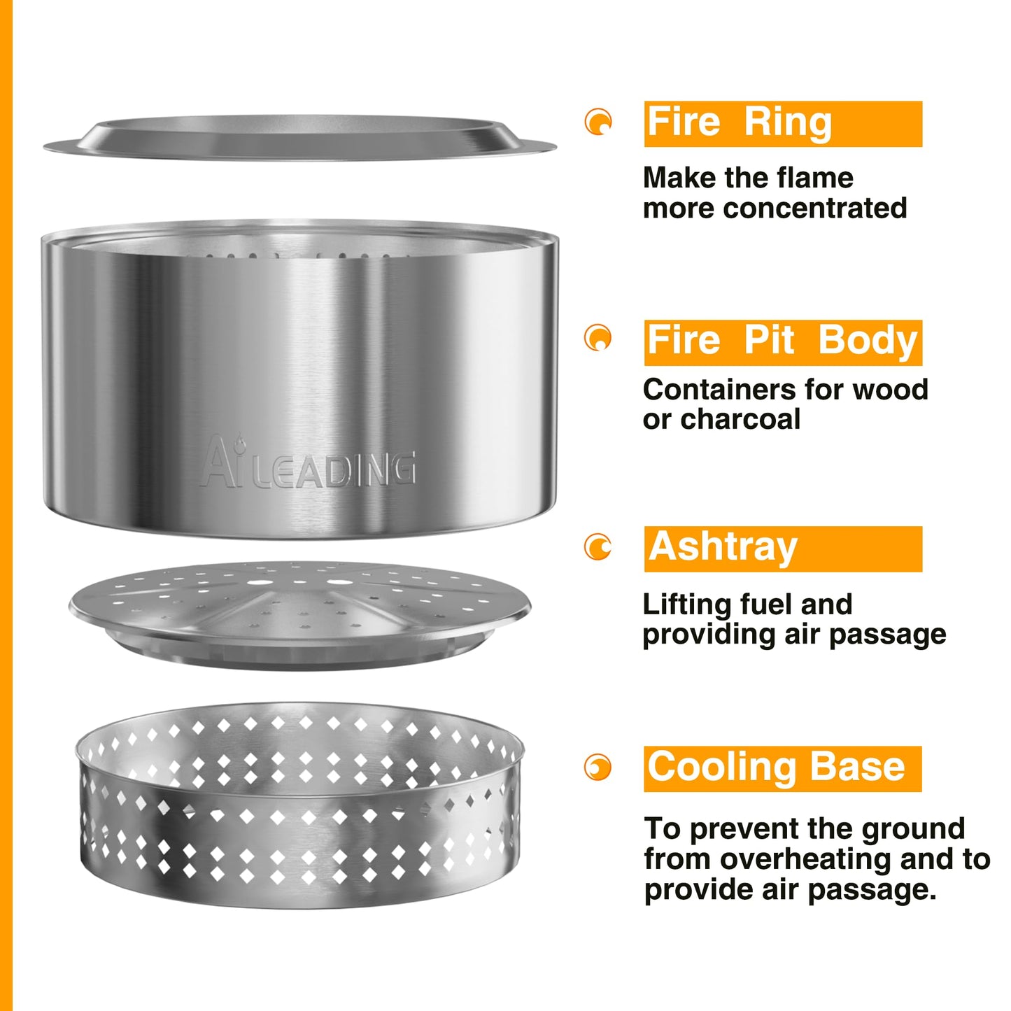 20 Inch Smokeless Fire Pit with Removable Ash Pan, Fire Pits for Outside Wood Burning, Portable Bonfire Outdoor Firepit, Bag & Poker Included, Stainless Steel, Camping Backyard (9KG) (No Legs)