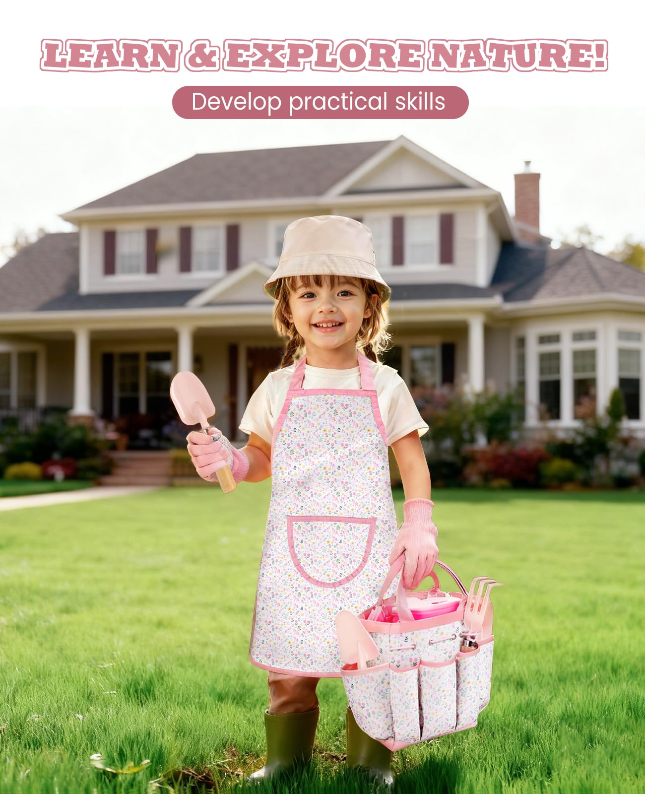 Kids Gardening Set, Gardening Tools Kit for Kids and Toddler, Includes Wooden Rake, Two Shovels, Gloves, Watering Can, Apron, and Tote Bag, Outdoor Toys for Girl Boy, Pink