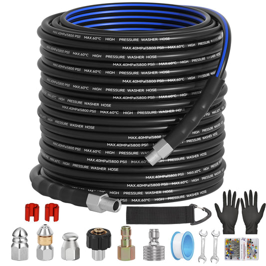 VIVIDWASH Sewer Jetter Kit for Pressure Washer(150FT),1/4" NPT Drain Cleaner Hose 5800PSI with 3 Sewer Jet Nozzles，Pearl Corsage Pin，Marking Ring,Spray Nozzle，Teflon Tape&Gloves