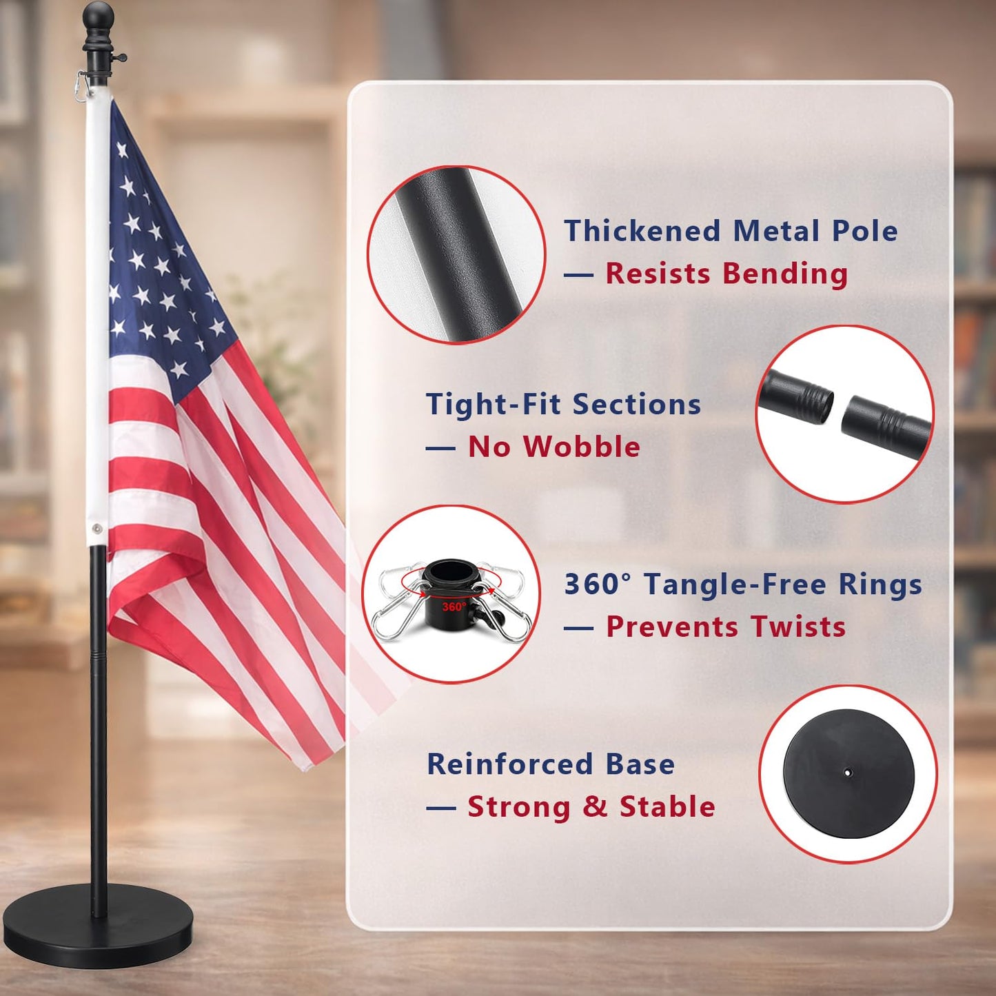 Flag Stand Indoor - 1" Heavy Duty Metal Flag Pole Set with Base,6-8ft Adjustable,Portable & Free Standing For Office,Conference Room,Classroom,Entryway,Outdoor Porch Deck (Black)