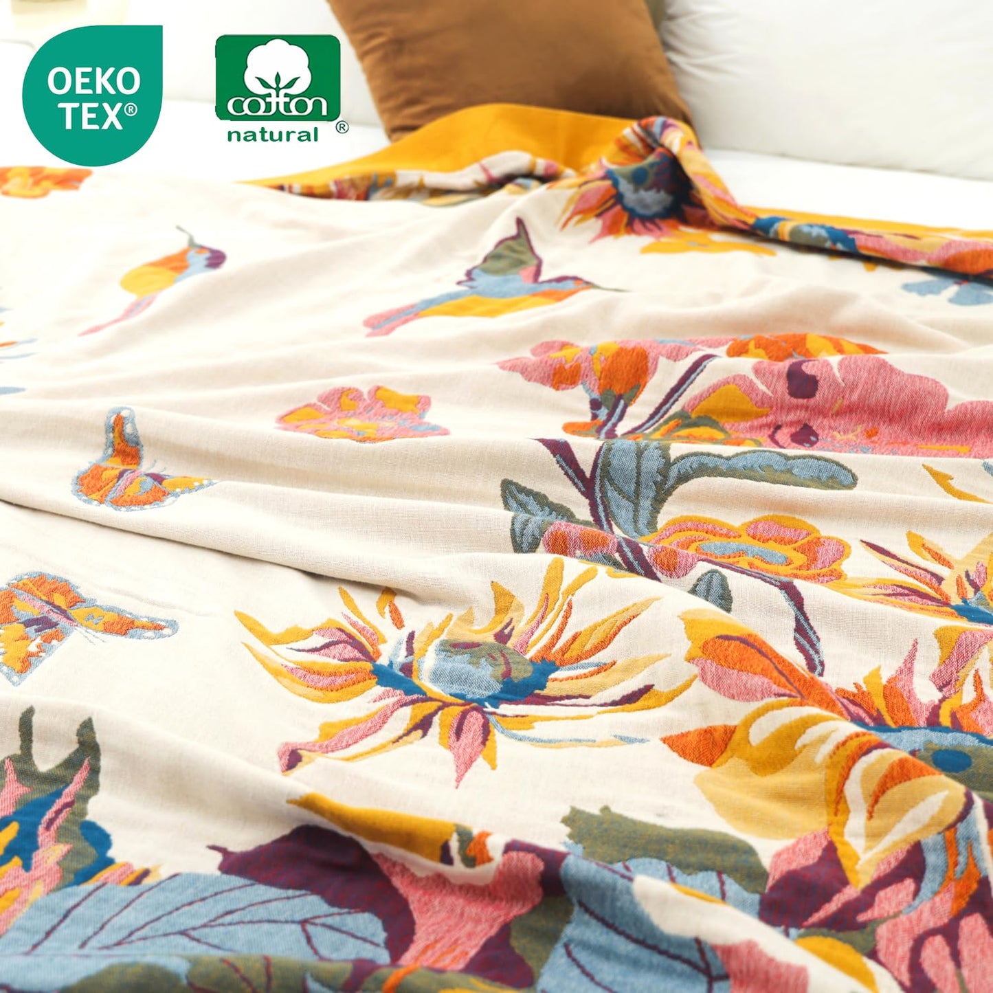 VANJOROY Boho Throw Blanket 60" x 80", 100% Organic Cotton Skin-Friendly Lightweight Ultra Soft Bed Quilt Throw - Spring Floral Butterfly Farmhouse Decor Blanket for Sofa Couch Chair and Gift.