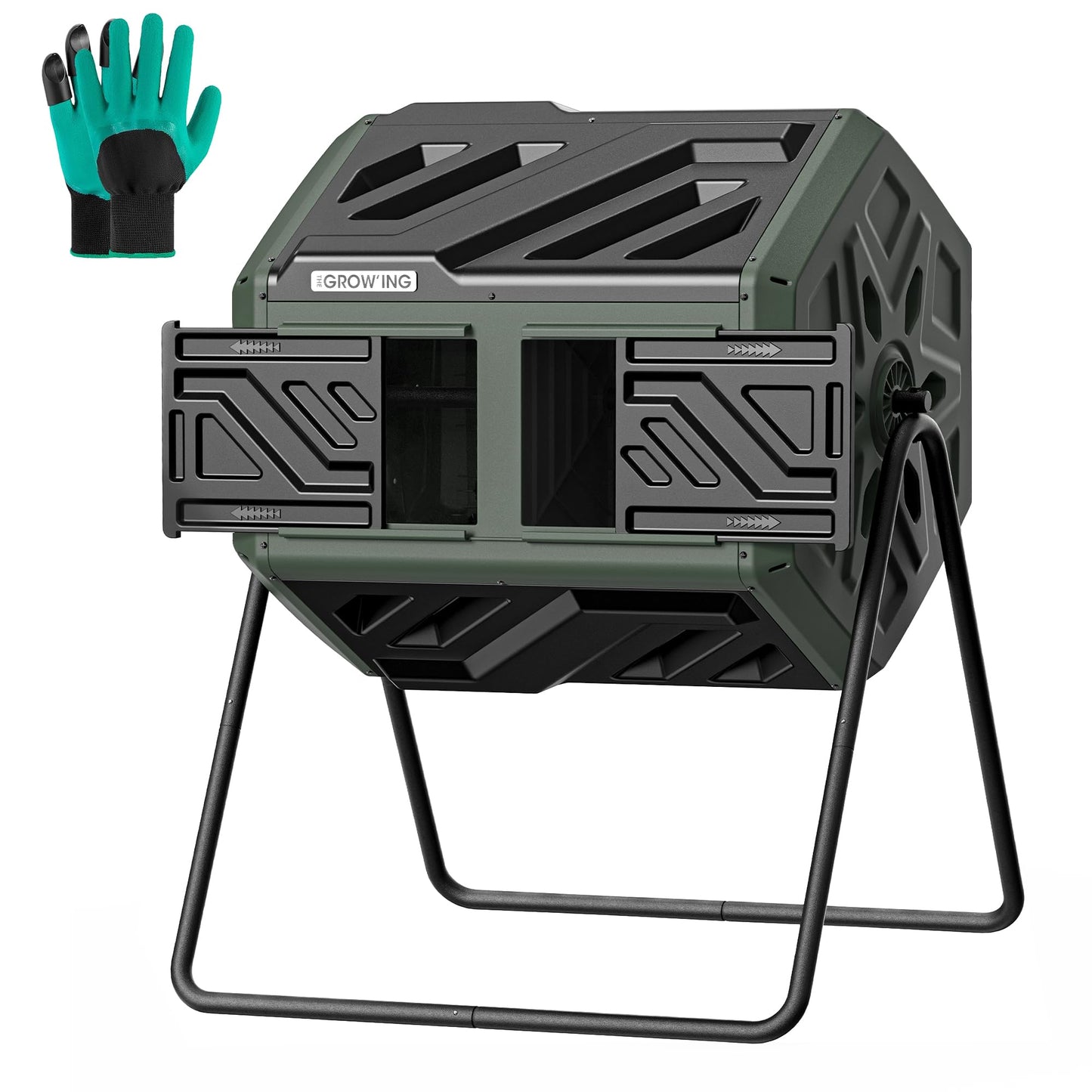 THEGROW'ING 43 Gallon Dual Chamber Compost Bin with Built-in Nuts, Outdoor Rotating Composter Tumbler for Garden Backyard, Green