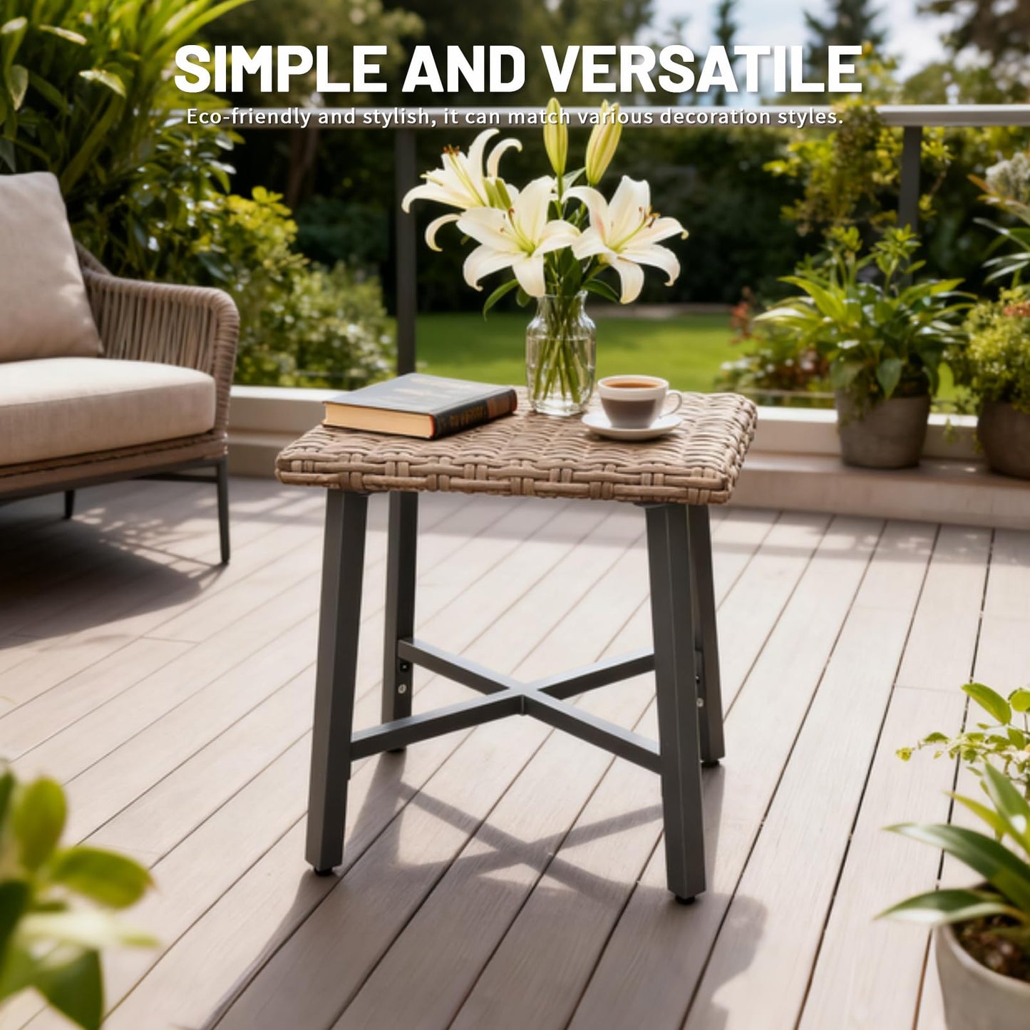 MOLIBYME Outdoor Wicker Side Table,Small Square End Table, Patio PE Rattan Side Table Adopt Sturdy Galvanized Steel Frame for Balcony Porch Deck (Brown)