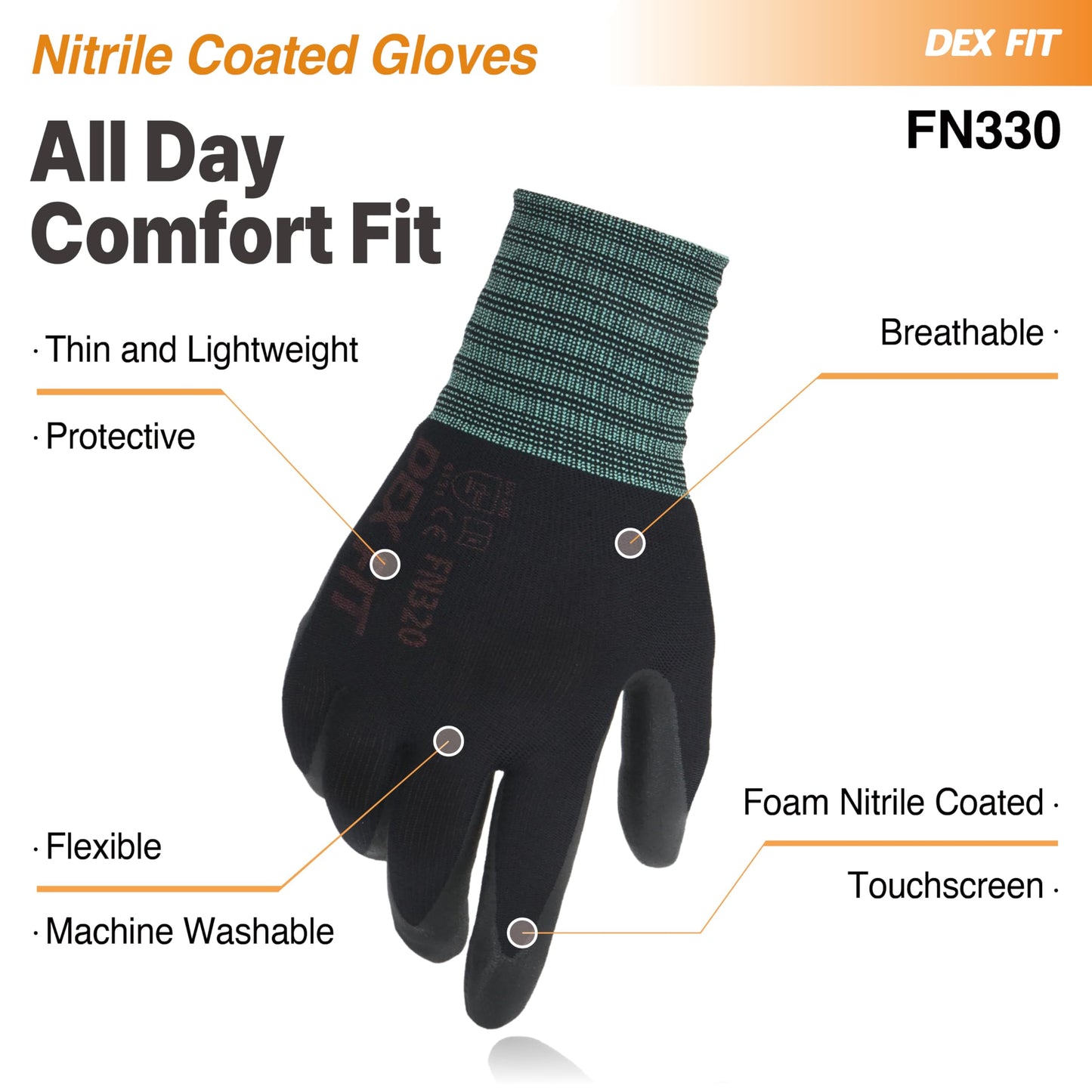 DEX FIT Nitrile Coated Work Gloves FN330-3D-Comfort Stretchy Fit, Firm Grip, Thin & Lightweight, Touchscreen Fingers, Protective & Durable, Breathable, Machine Washable; Black XS (6) 3 Pairs