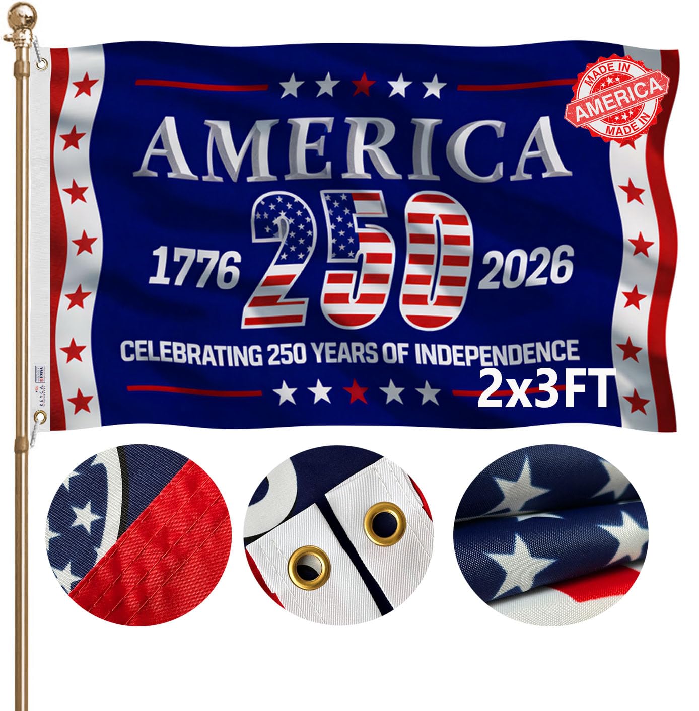 KEYCA 250th Anniversary Flag 2x3 FT Made in The USA Heavy Duty Vibrant Colors Double Sided Blue 1776-2026 250th Birthday Flag with 2 Brass Grommets Independence Celebration Suitable for Indoor and Outdoor Use