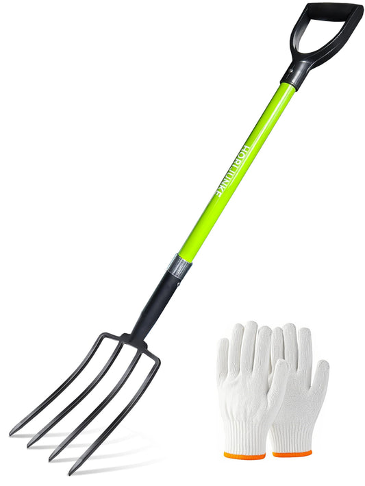 HORIJUNKE Garden Fork, 4-Tines Pitchforks,45-Inch Pitchfork for Gardening,Fiberglass Digging Fork Pole, D-Handle-(Green)