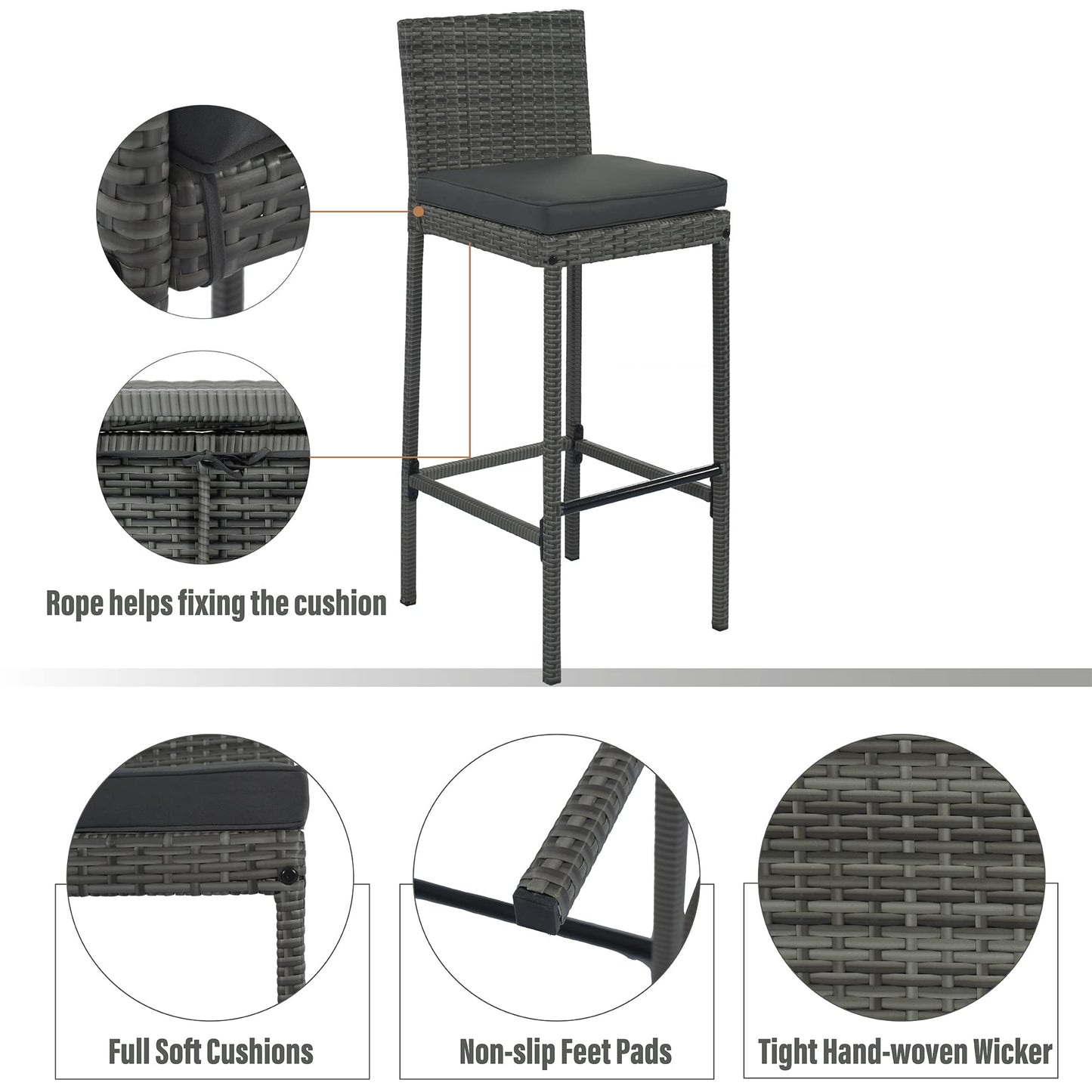 5-Piece Outdoor Wicker Bar Set with Acacia Wood Table and 4 Bar Height Chairs, Removable Cushions, Non-Slip Feet, Rope Secured Seating, Patio, Balcony, Garden, Poolside, Brown Wood Gray Wicker