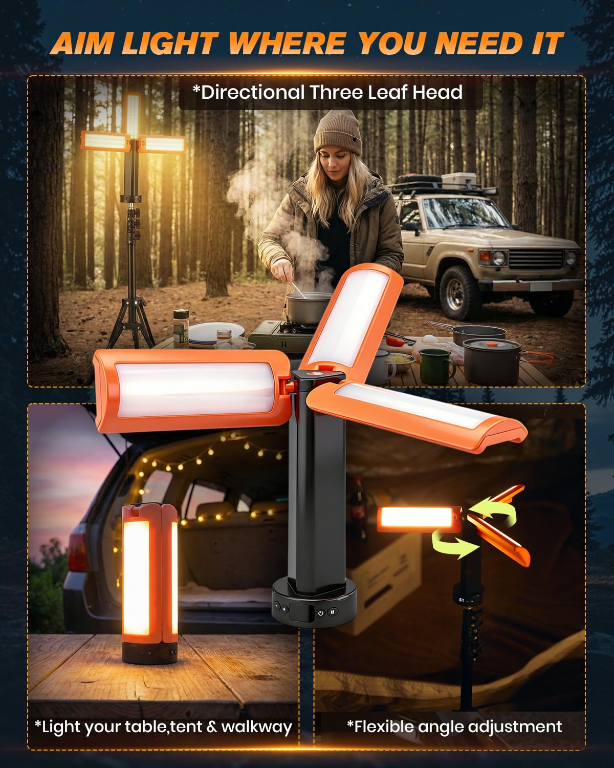 SakerNeo 15600mAh Rechargeable Camping Light with Stand, Work Light with 3 LED Lamp Heads,5 Brightness Levels,2200 Lumens Dimmable Camping Lantern with Magnetic Base