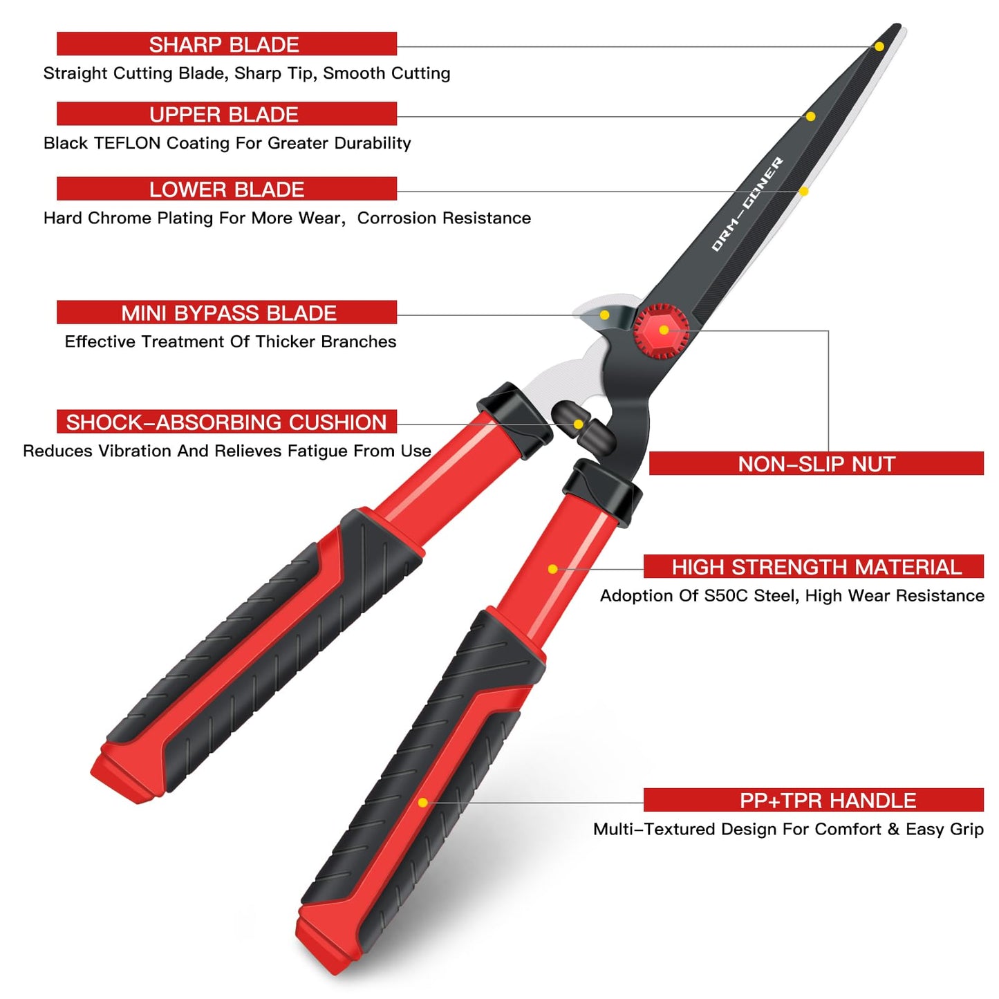 DRM-GDNER Garden Hedge Shear with Bypass Shear,Garden Hedge Trimmer with Shock Absorbing Cushion,Hedge Clipper for Trimming Border,Bush