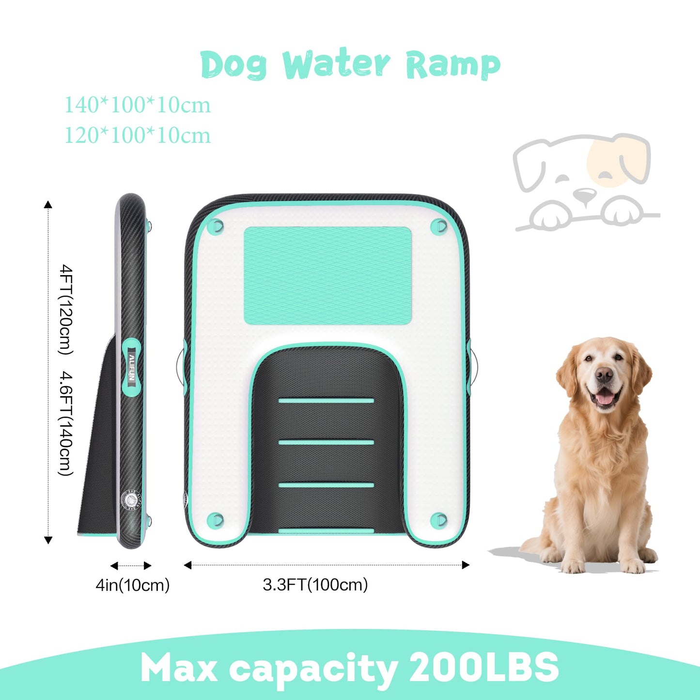 ALIFUN Inflatable Dog Ramp For Boat, Large Dog Water Ramp with Manual Pump, Non-Slip EVA Durable Floating Dock Ladder Up to 90 LBs, Pup Plank for Swimming Pool, Boat, Lake & Ocean (47"L x 39"W x 4"H)