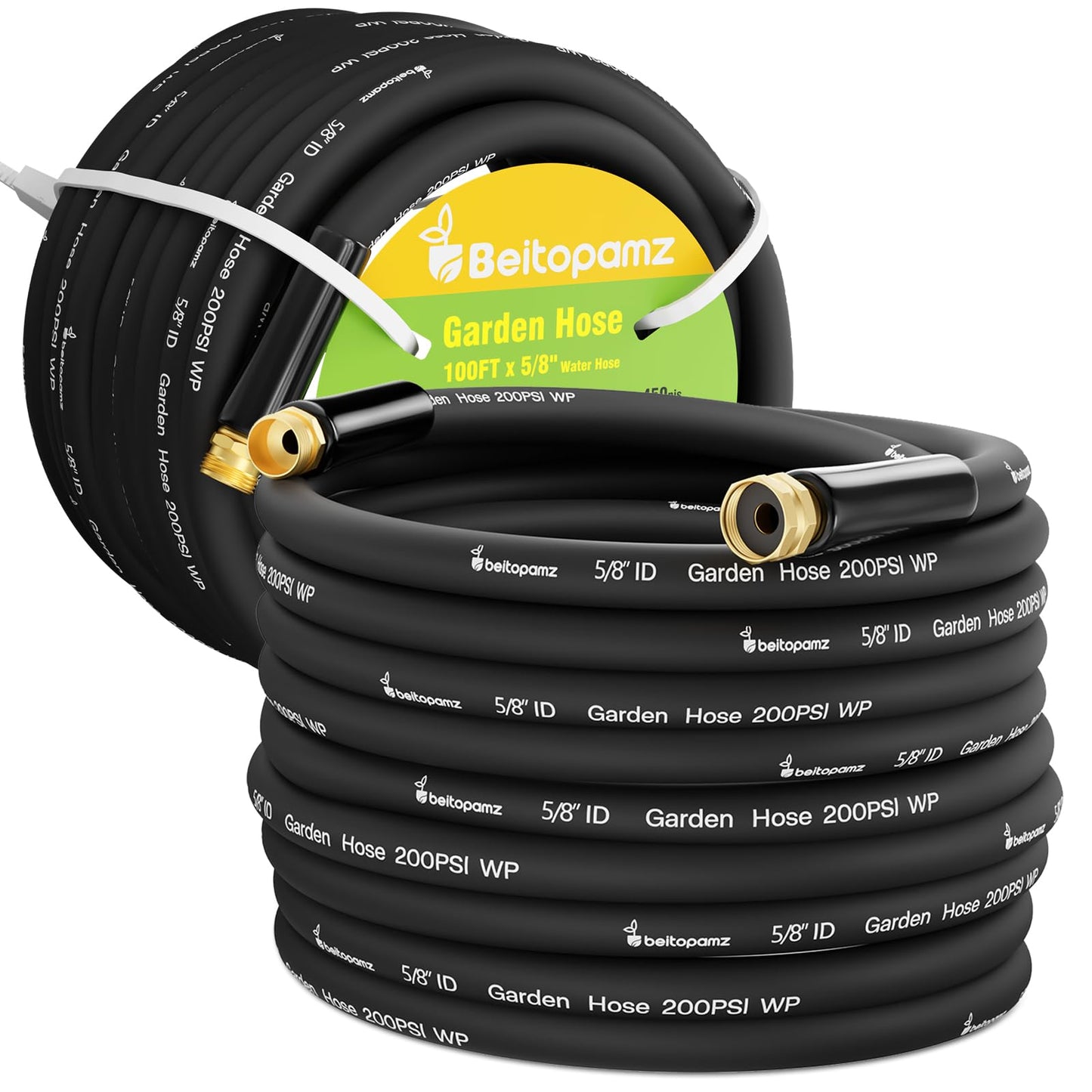 Beitopamz 200 ft Garden Hose, 5/8 in Heavy Duty Water Hose, Flexible and Durable, Lightweight Rubber Hybrid Hose, Leak-Free Connections, Male to Female 3/4'' Brass Fittings for Patio, Lawn, Black