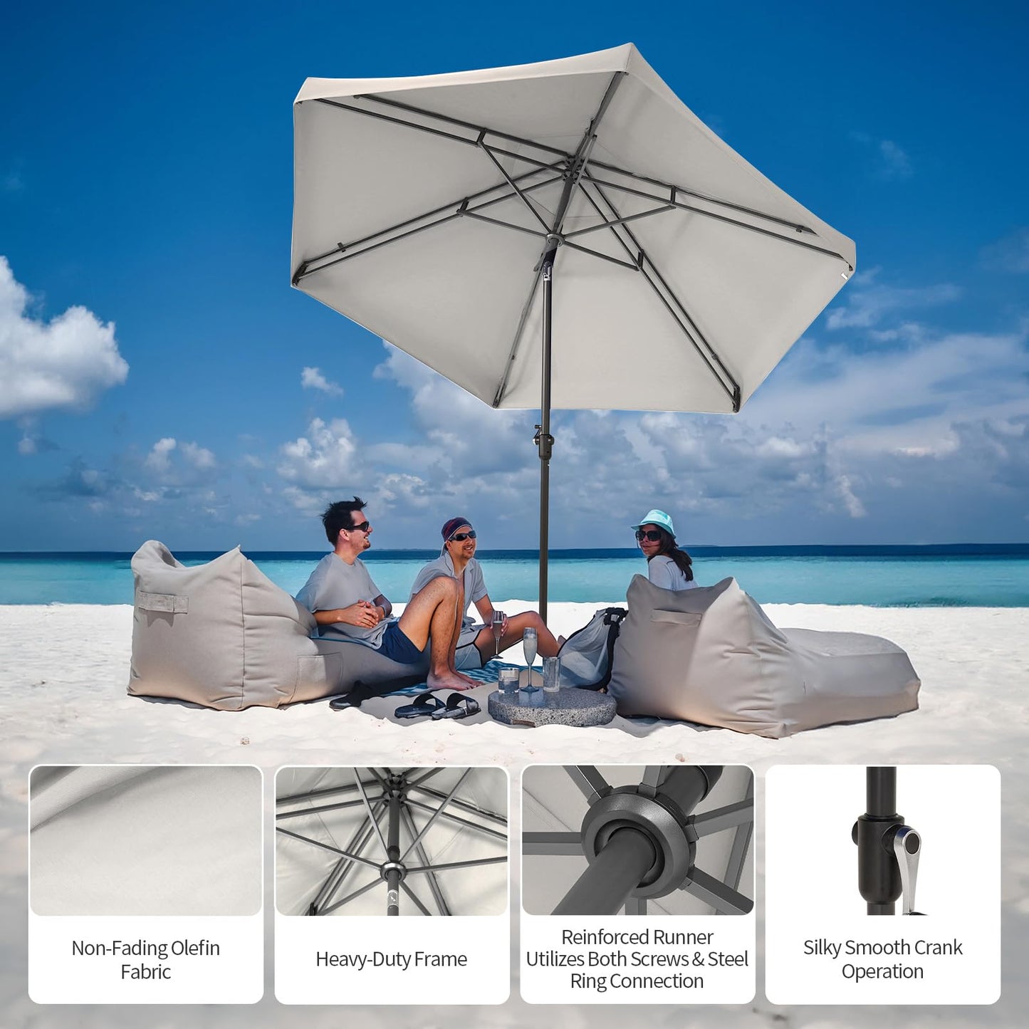 CROWN SHADES 9 Ft Patio Umbrella with Auto-Tilt & Olefin Fabric - Patented 90° Edge Connection Wind Resistant, Outdoor Umbrella for Table, Pool, Beach, Effortless Crank System(Base Not Included)