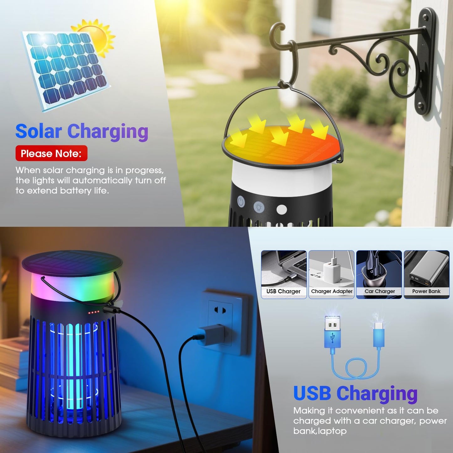 2 Pack Solar Bug Zapper Outdoor, Portable Electric Mosquito Killer Waterproof, Rechargeable Insect Trap with LED Night Light and Flame Effect, Ideal for Outside Patio, Backyard, and Camping
