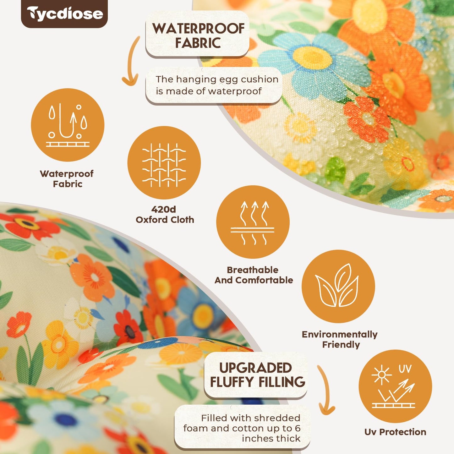 Tycdiose Outdoor Hanging Egg Chair Cushion Replacement, Thicken Egg Chair Cushion Waterproof Basket Eggs Chairs Cushion with Headrest Pillow, U-Shaped Cushions for Hanging Eggs Chairs Swing (Daisy)