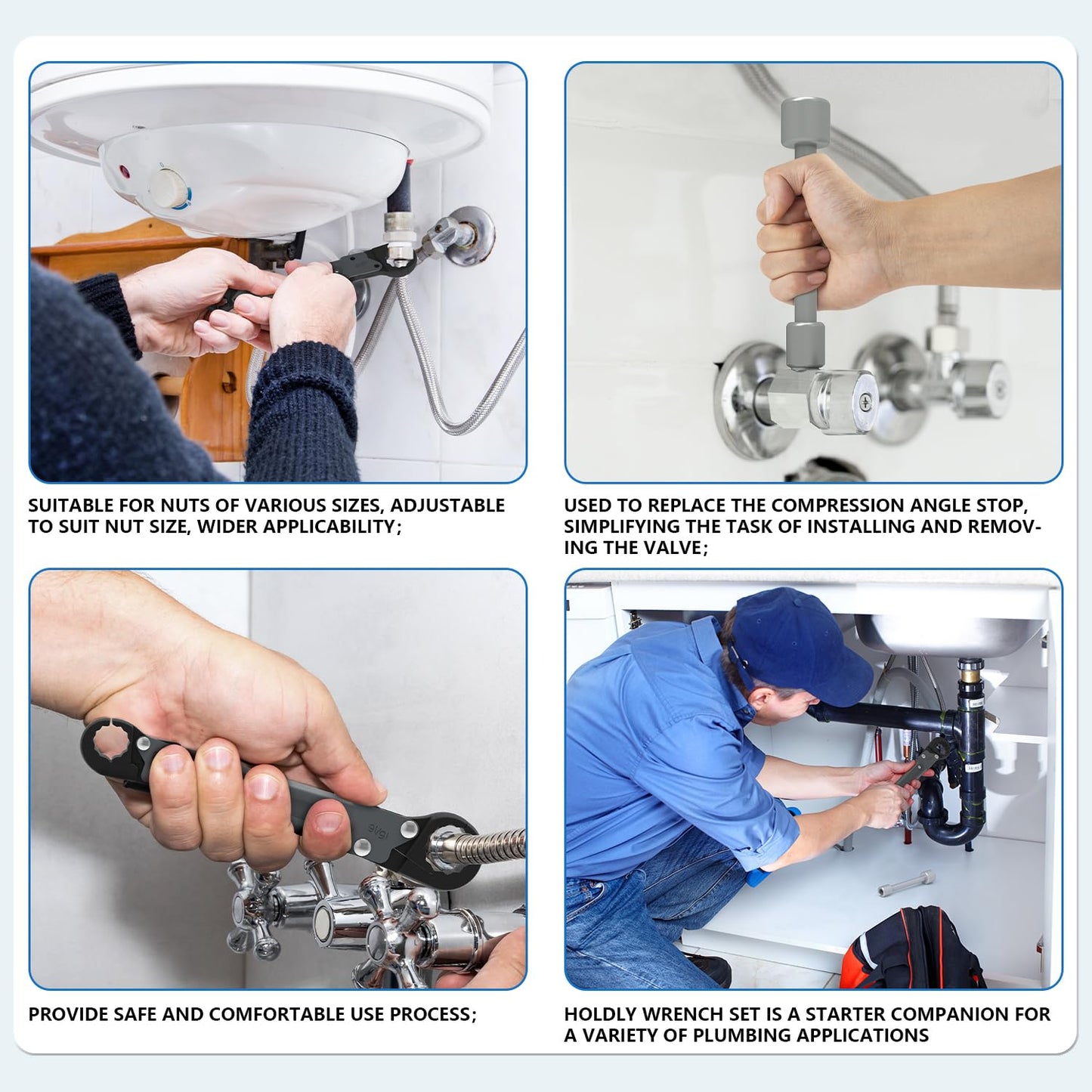 Holdly Plumbing Tools Angle Stop Wrench Kit – Adjustable Wrench Professional Plumber Tools for Installing New Compression Angle Stops and Removing Compression Rings-Silver Tool Kit