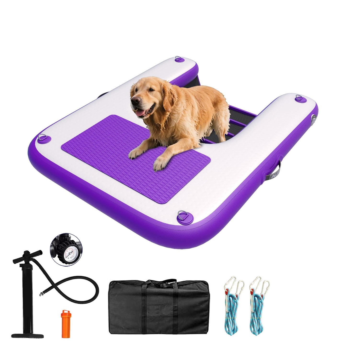 ALIFUN Inflatable Dog Ramp For Boat, Large Dog Water Ramp with Manual Pump, Non-Slip EVA Durable Floating Dock Ladder Up to 90 LBs, Pup Plank for Swimming Pool, Boat, Lake & Ocean (55"L x 39"W x 4"H)