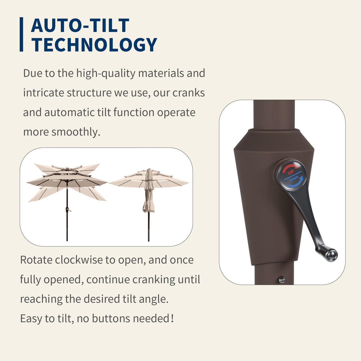 Tobeos 9FT 3 Tiers Patio Umbrella With Auto Tilt And Crank, Outdoor Table Market Umbrella with 8 Sturdy Ribs for Garden, Lawn, Deck, Backyard and Pool (Beige)